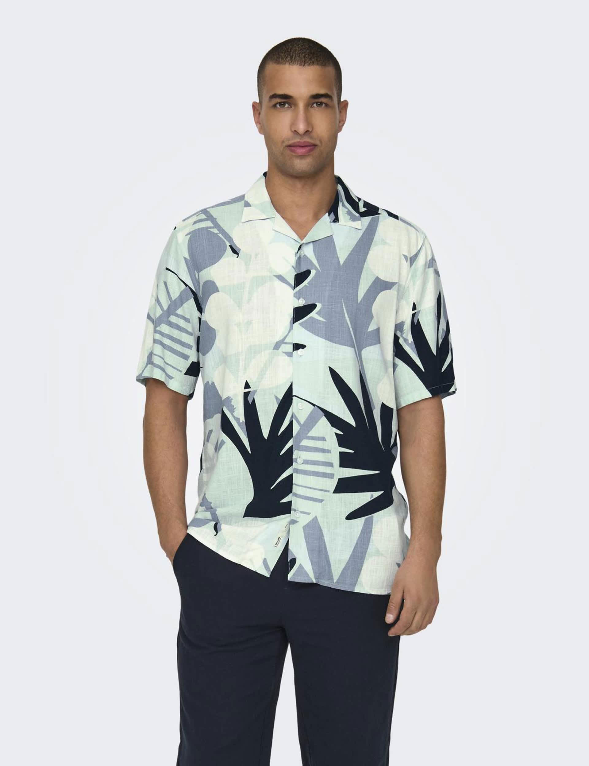 Only & Sons Men's Linen Blend Print Shirt - M - Green Mix, Green Mix