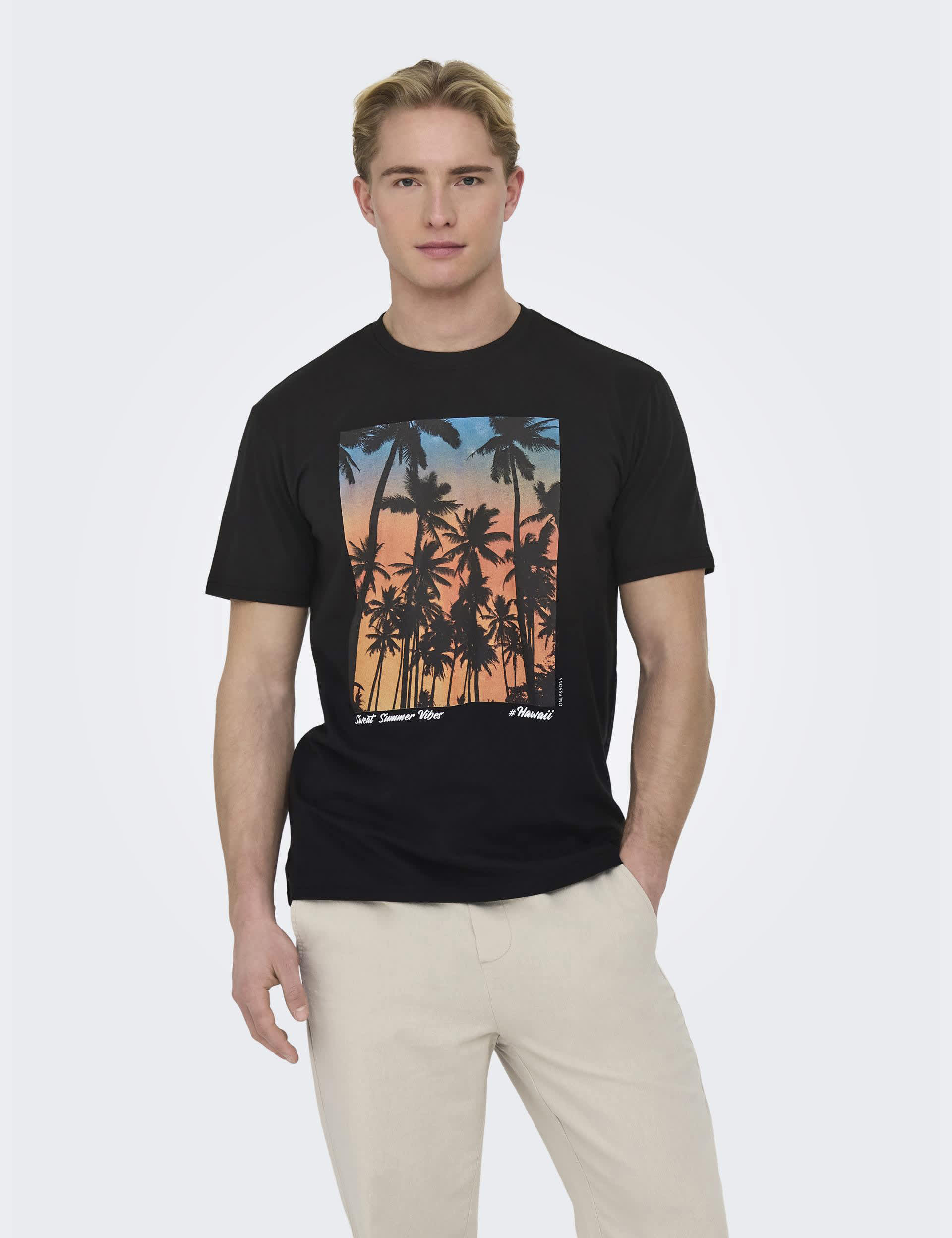 Only & Sons Men's Pure Cotton Palm Tree T-Shirt - Black Mix, Black Mix