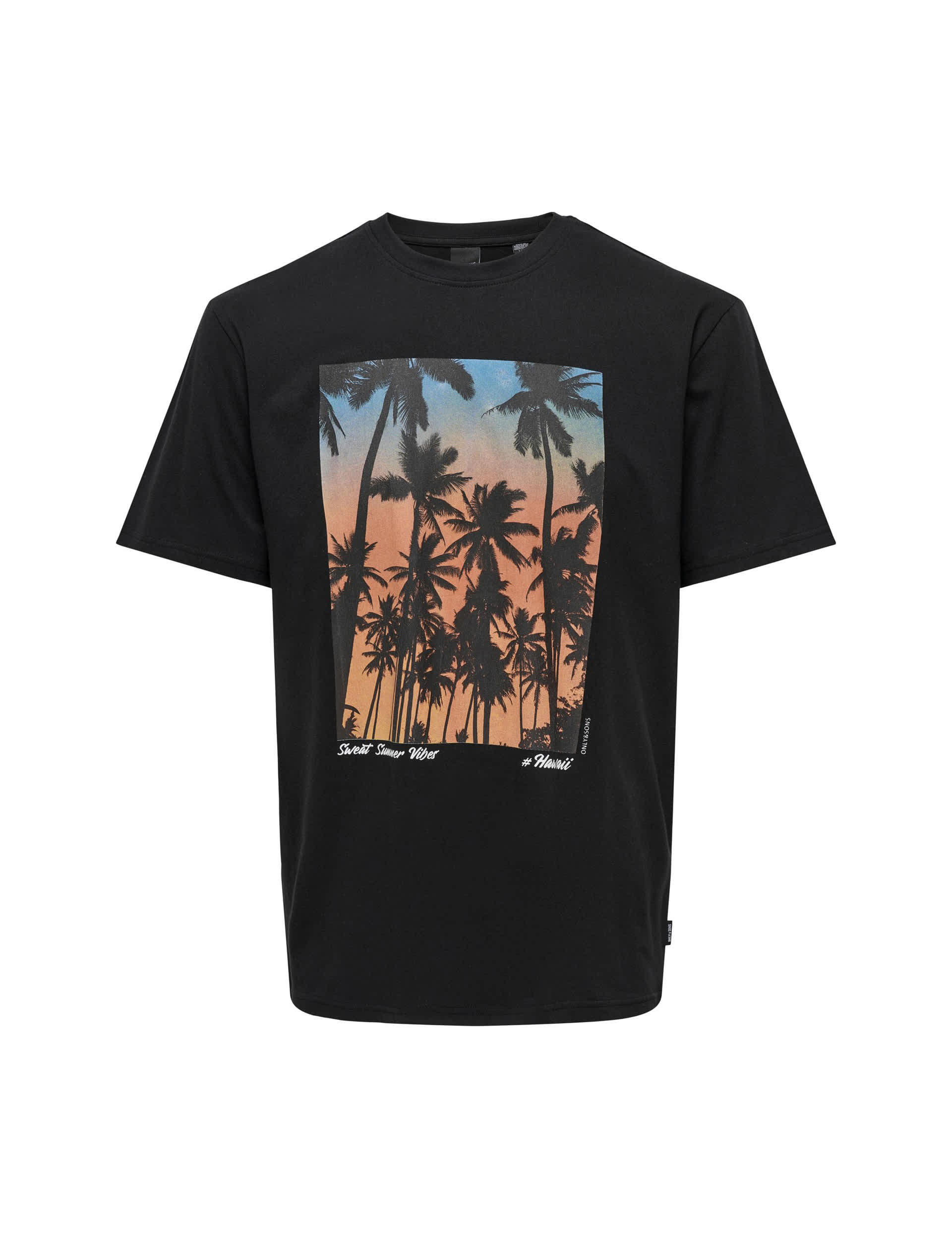 Only & Sons Men's Pure Cotton Palm Tree T-Shirt - Black Mix, Black Mix