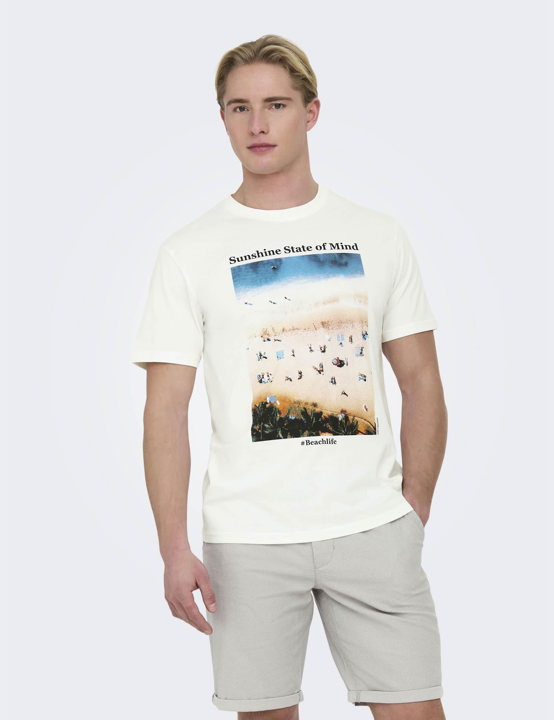 Only & Sons Men's Pure Cotton Palm Tree T-Shirt - White Mix, White Mix