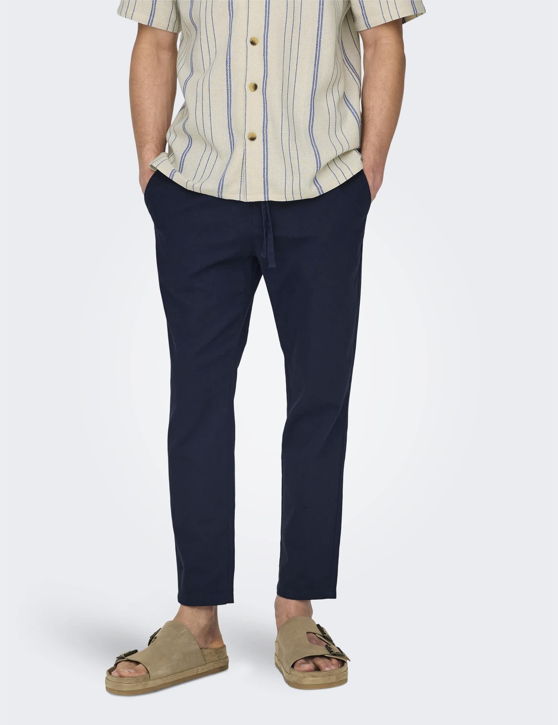 Only & Sons Men's Tapered Fit Cotton Rich Trousers with Linen - M - Navy, Navy,Beige