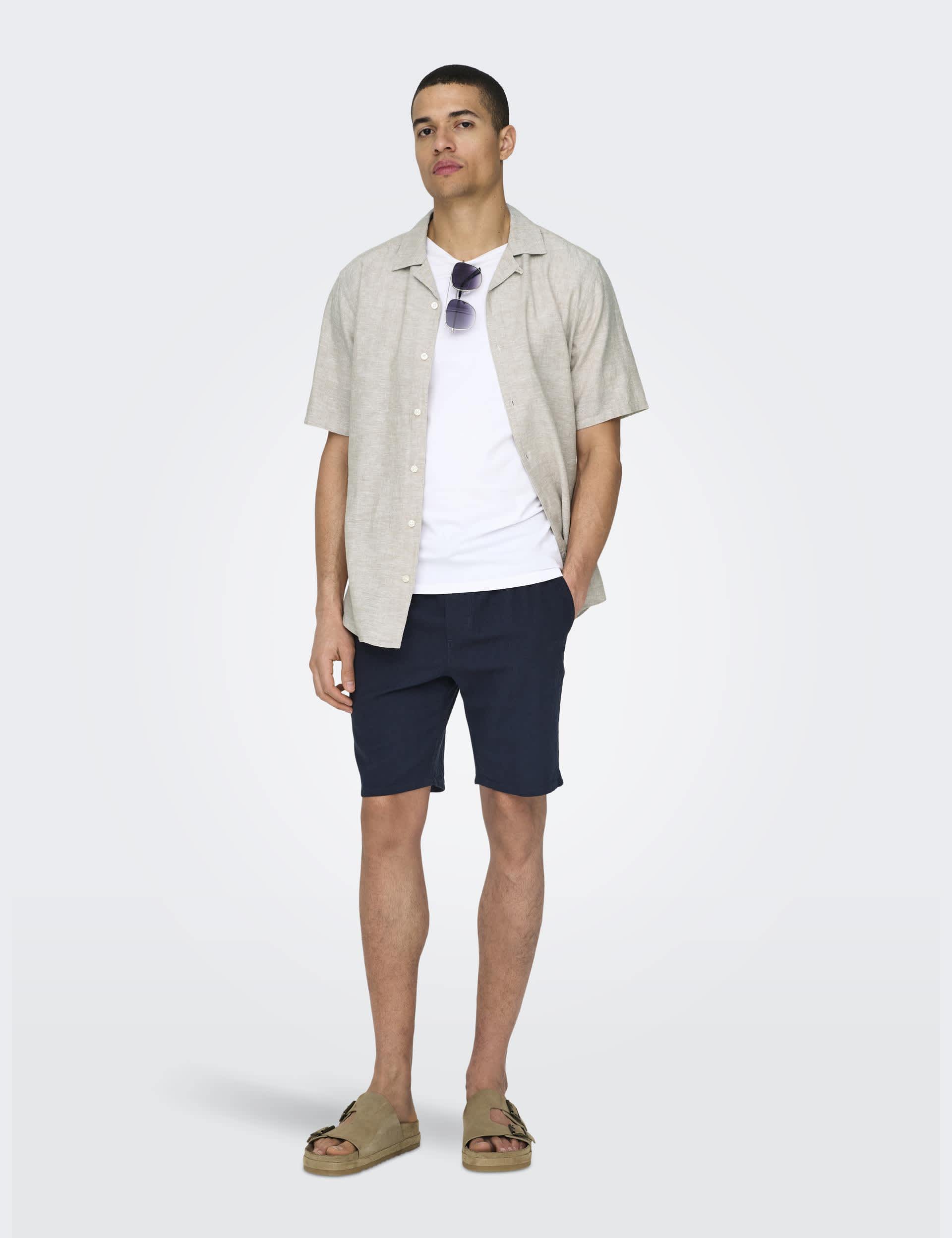 Only & Sons Men's Elasticated Waist Shorts - Dark Navy, Dark Navy,Beige