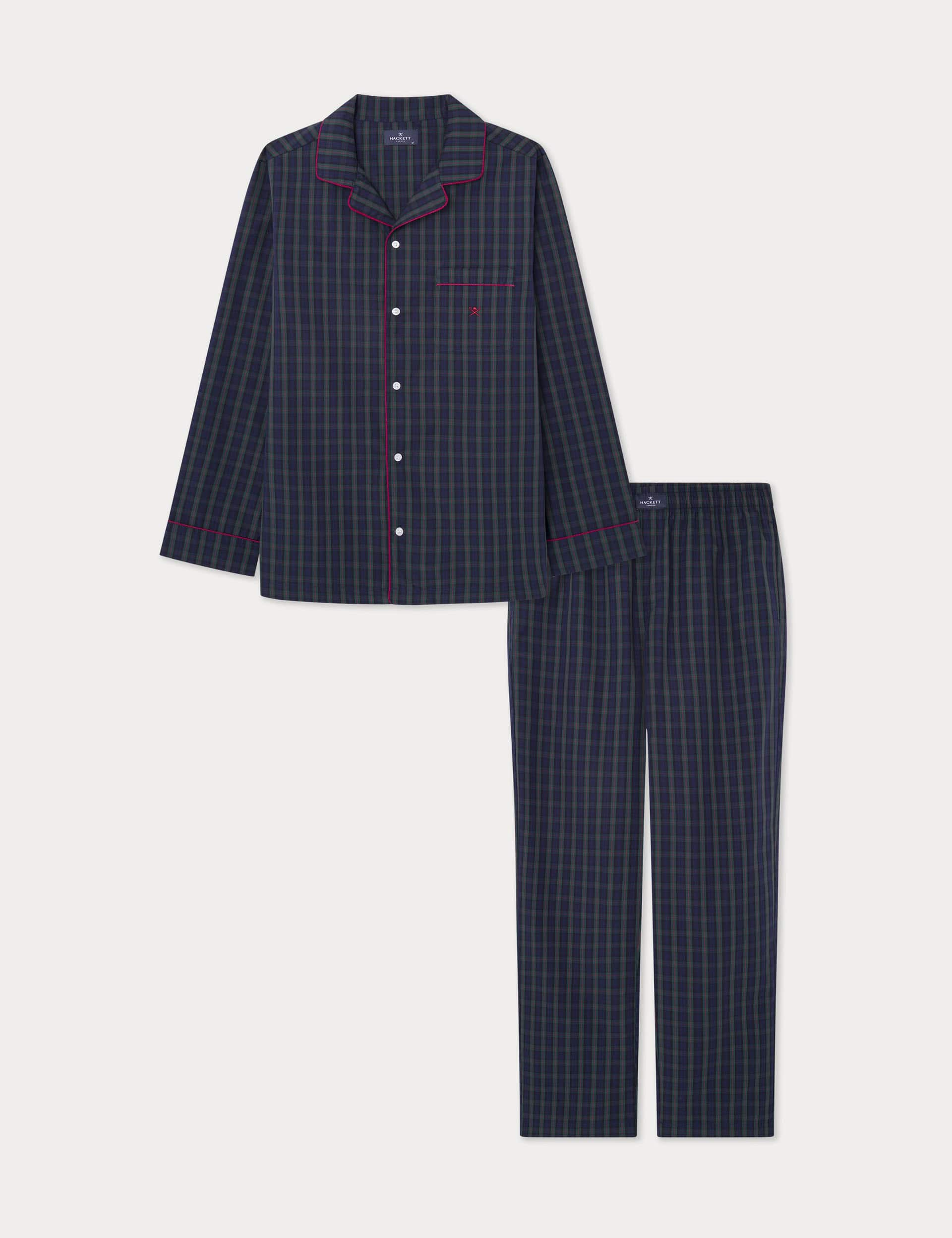 Hackett Men's Pure Cotton Checked Pyjama Set - Navy, Navy