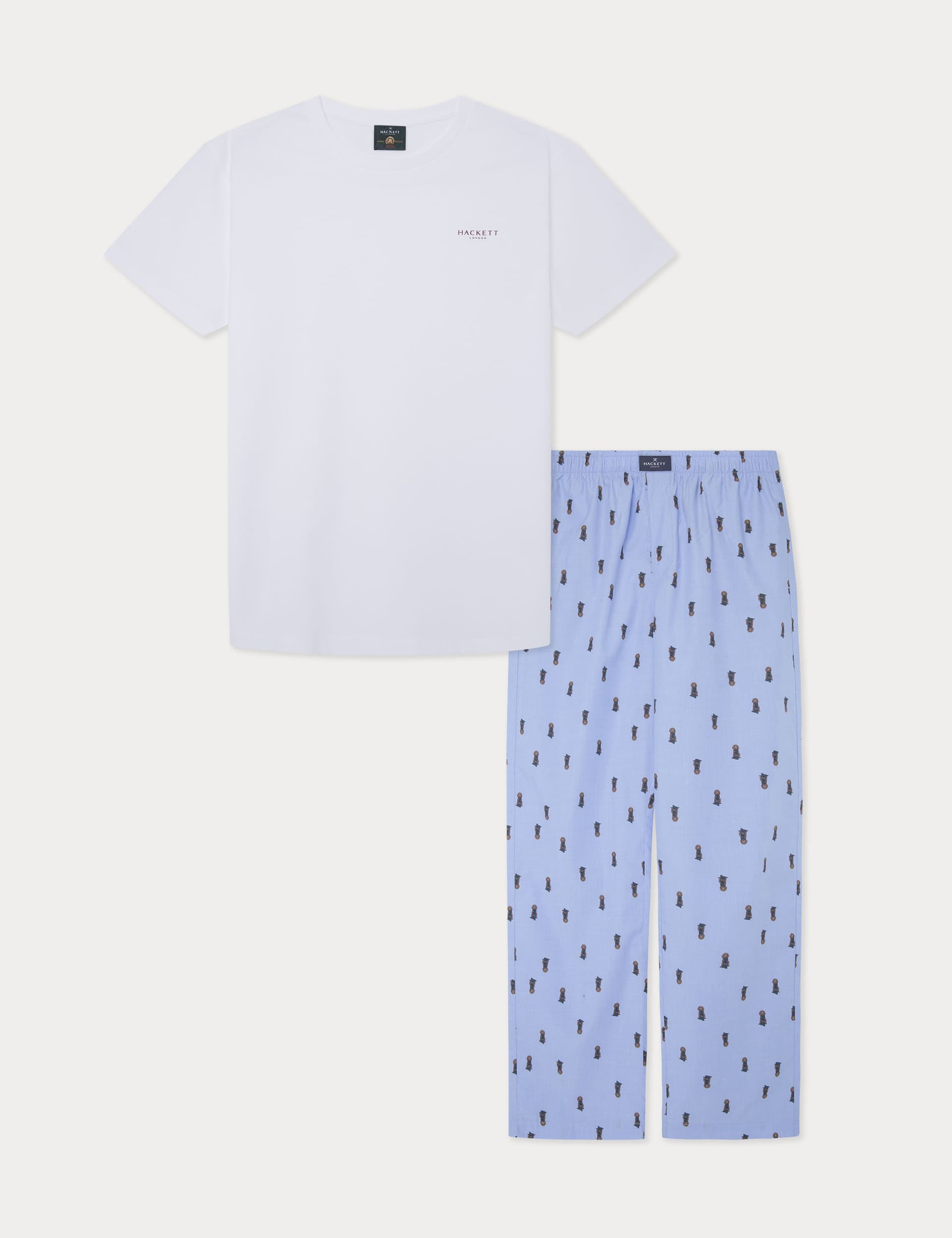 Hackett Men's Pure Cotton Printed Pyjama Set - L - Light Blue, Light Blue