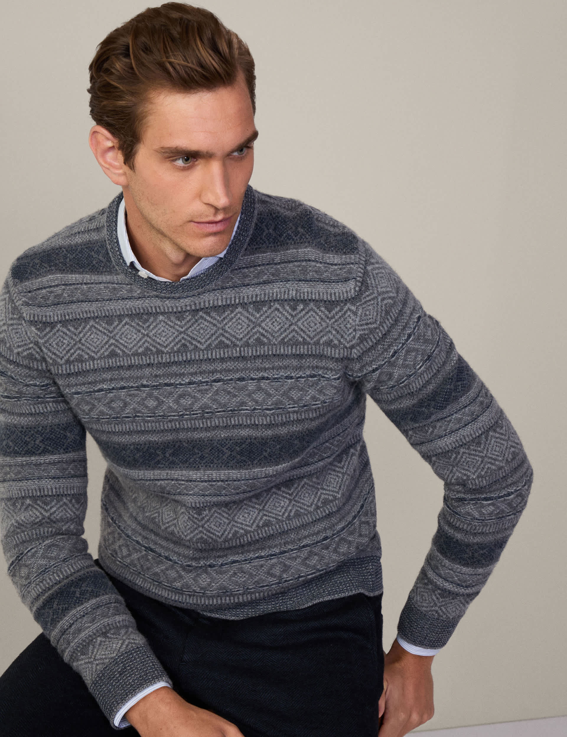 Hackett Men's Pure Wool Fair Isle Crew Neck Jumper - Grey, Grey