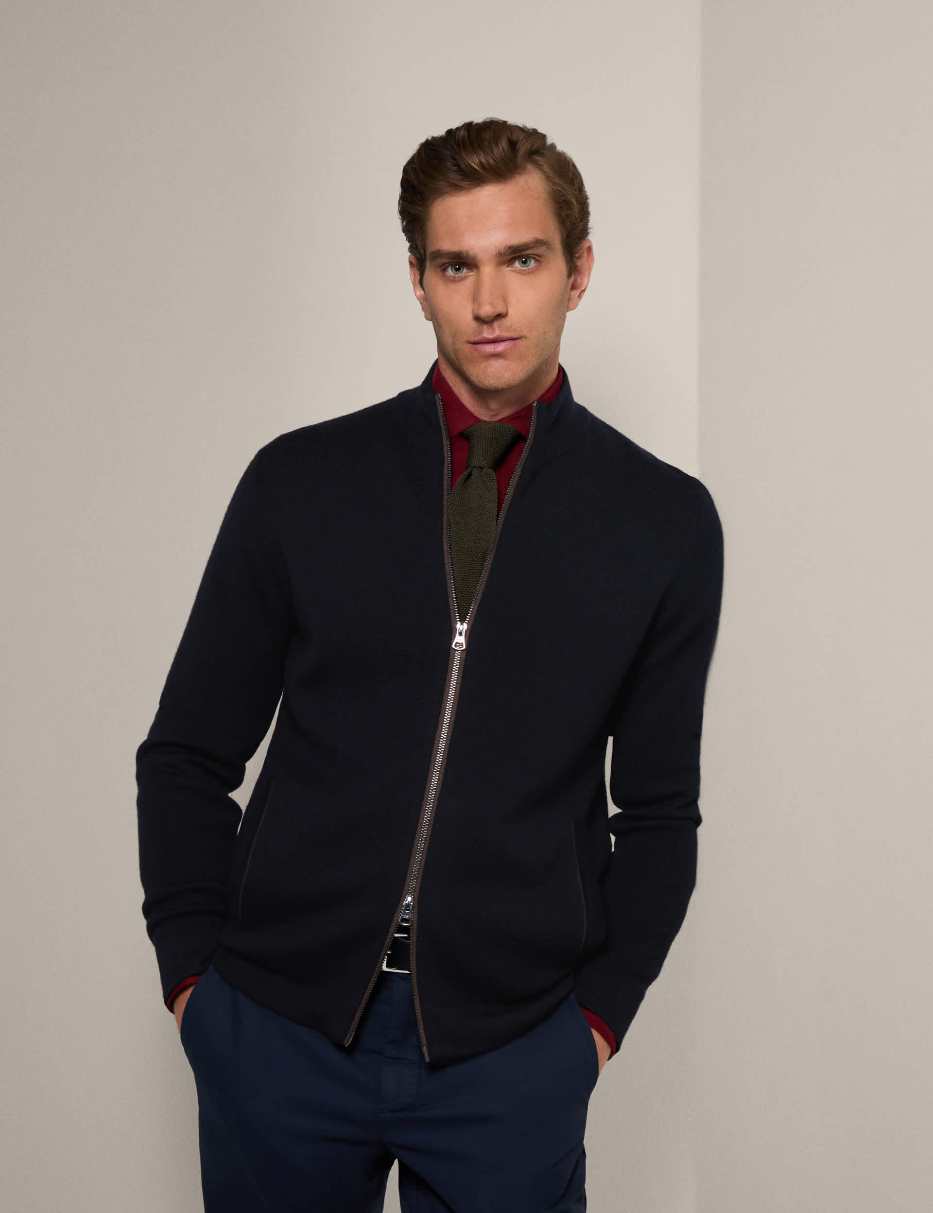 Hackett Men's Pure Wool High Neck Zip Up Jumper - Navy, Navy