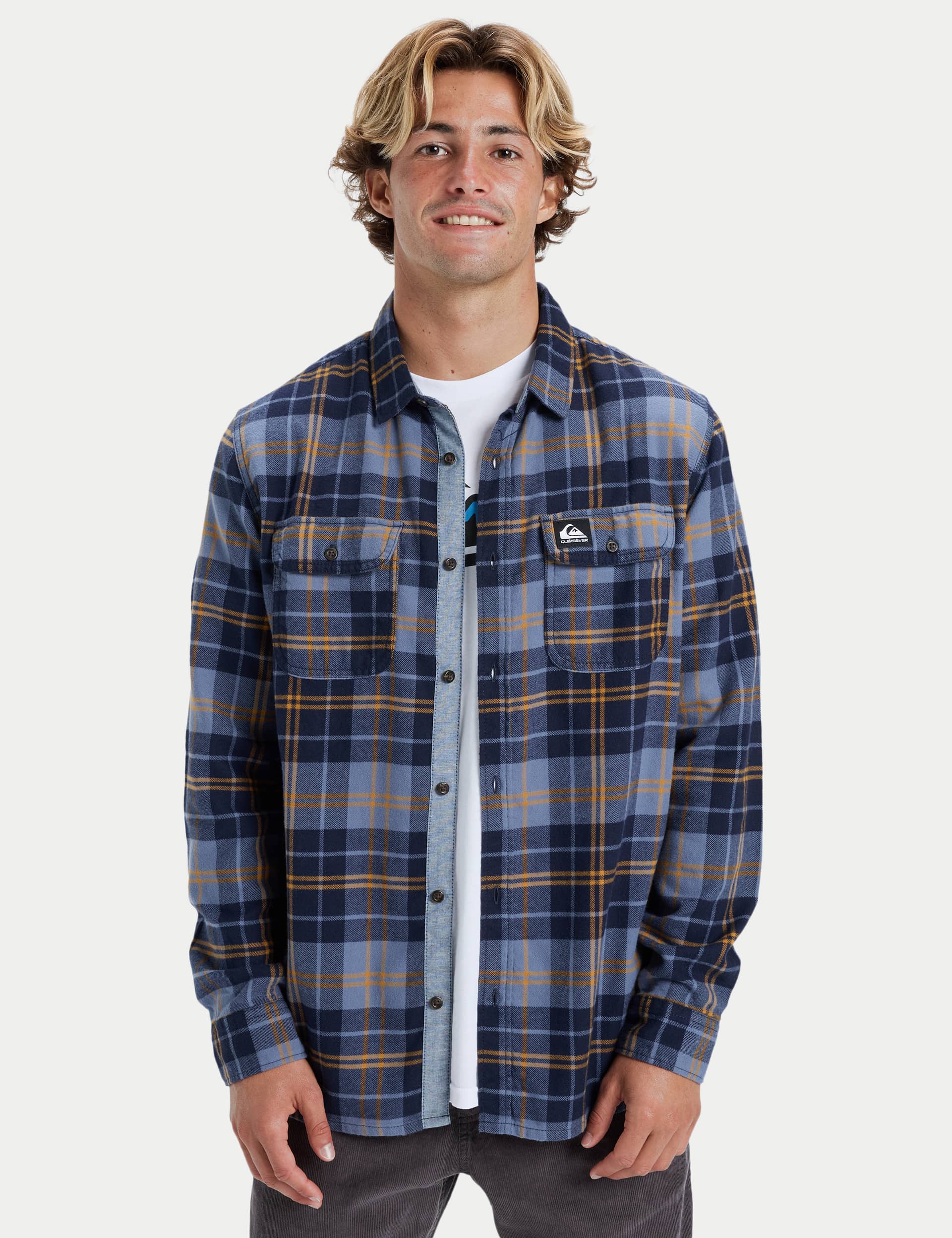 Quiksilver Men's Cantwell Pure Cotton Check Flannel Shirt - Navy Mix, Navy Mix,Black Mix