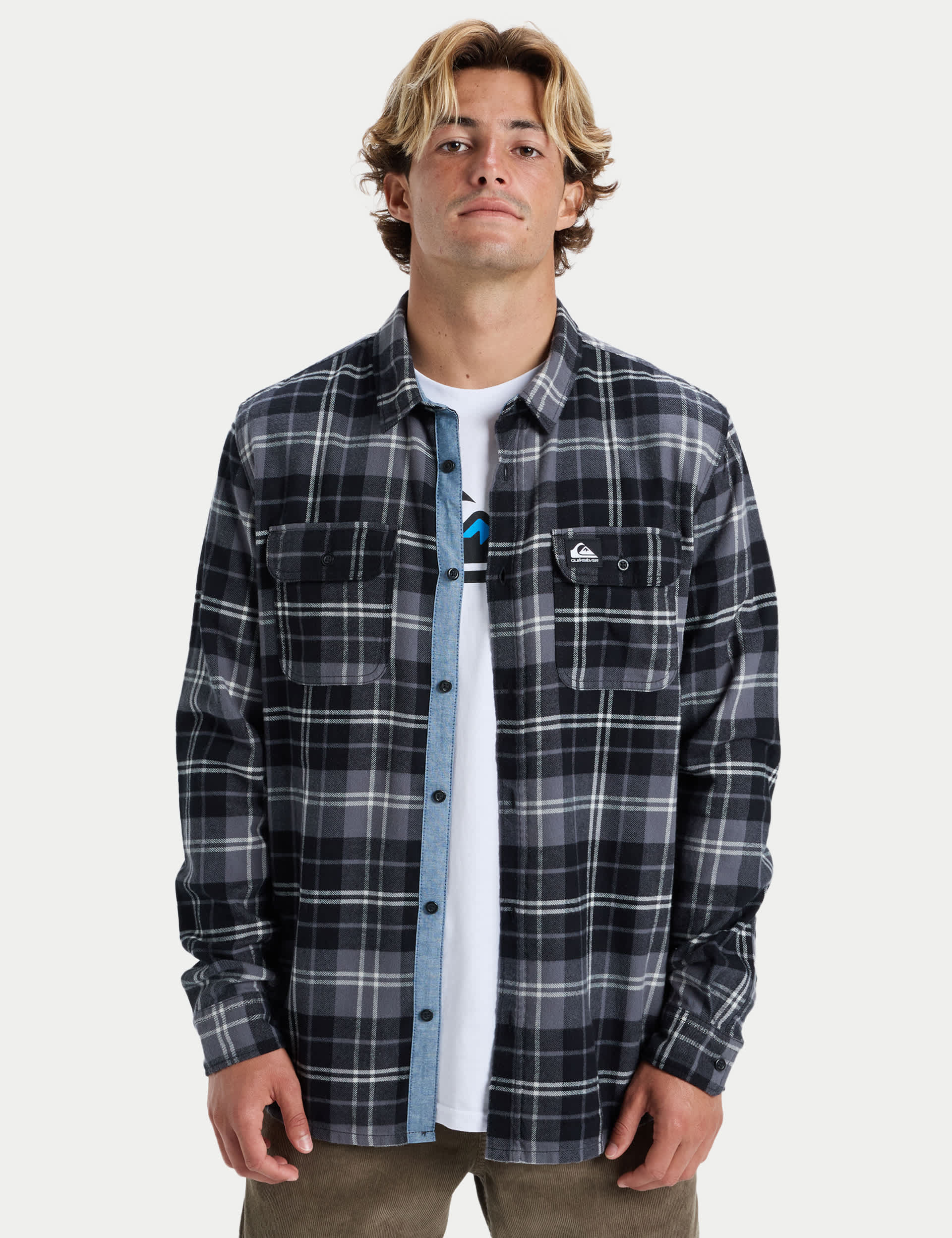 Quiksilver Men's Cantwell Pure Cotton Check Flannel Shirt - Black Mix, Black Mix,Navy Mix