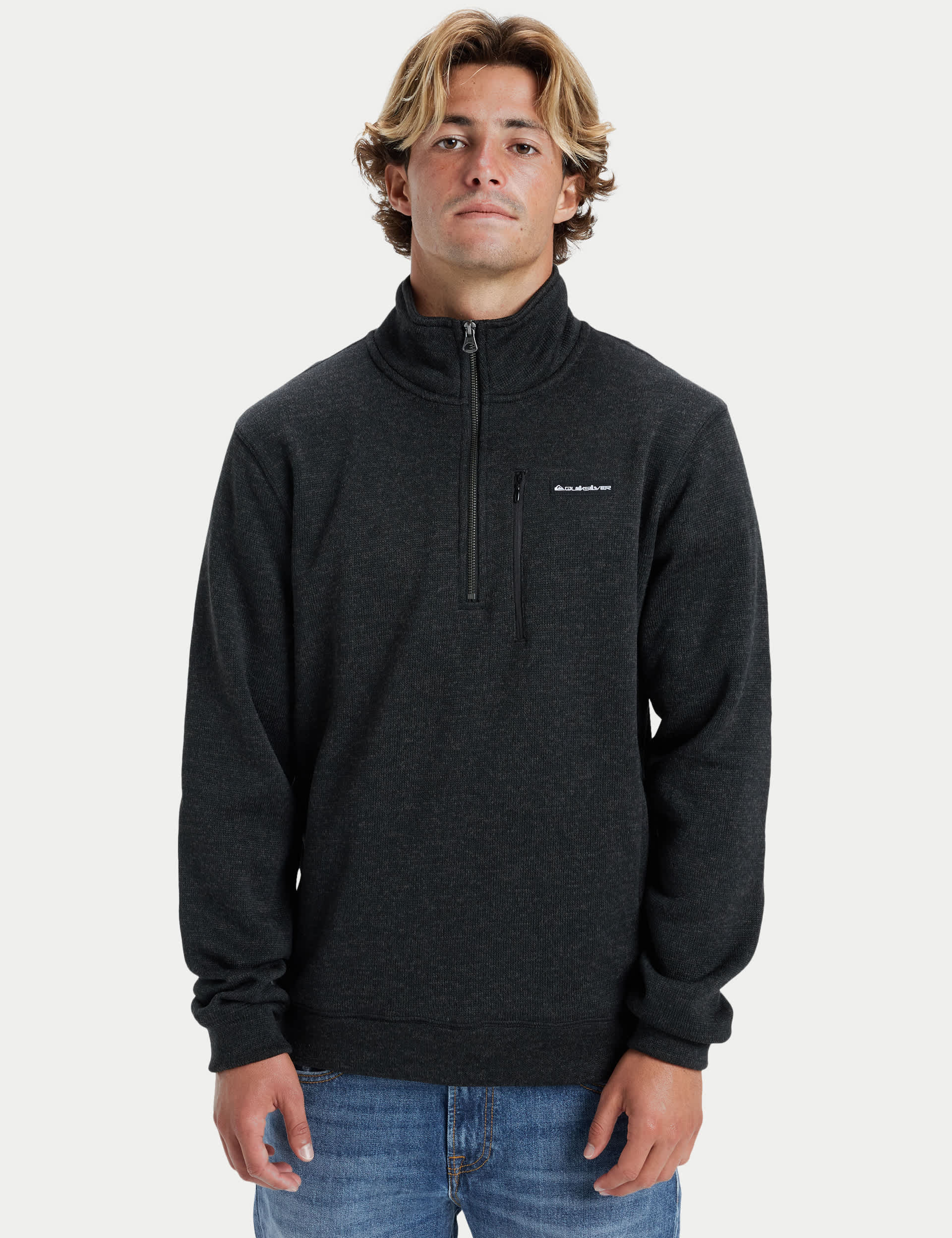 Quiksilver Men's Pure Cotton Half Zip Long Sleeve Sweatshirt - Black, Stone,Black