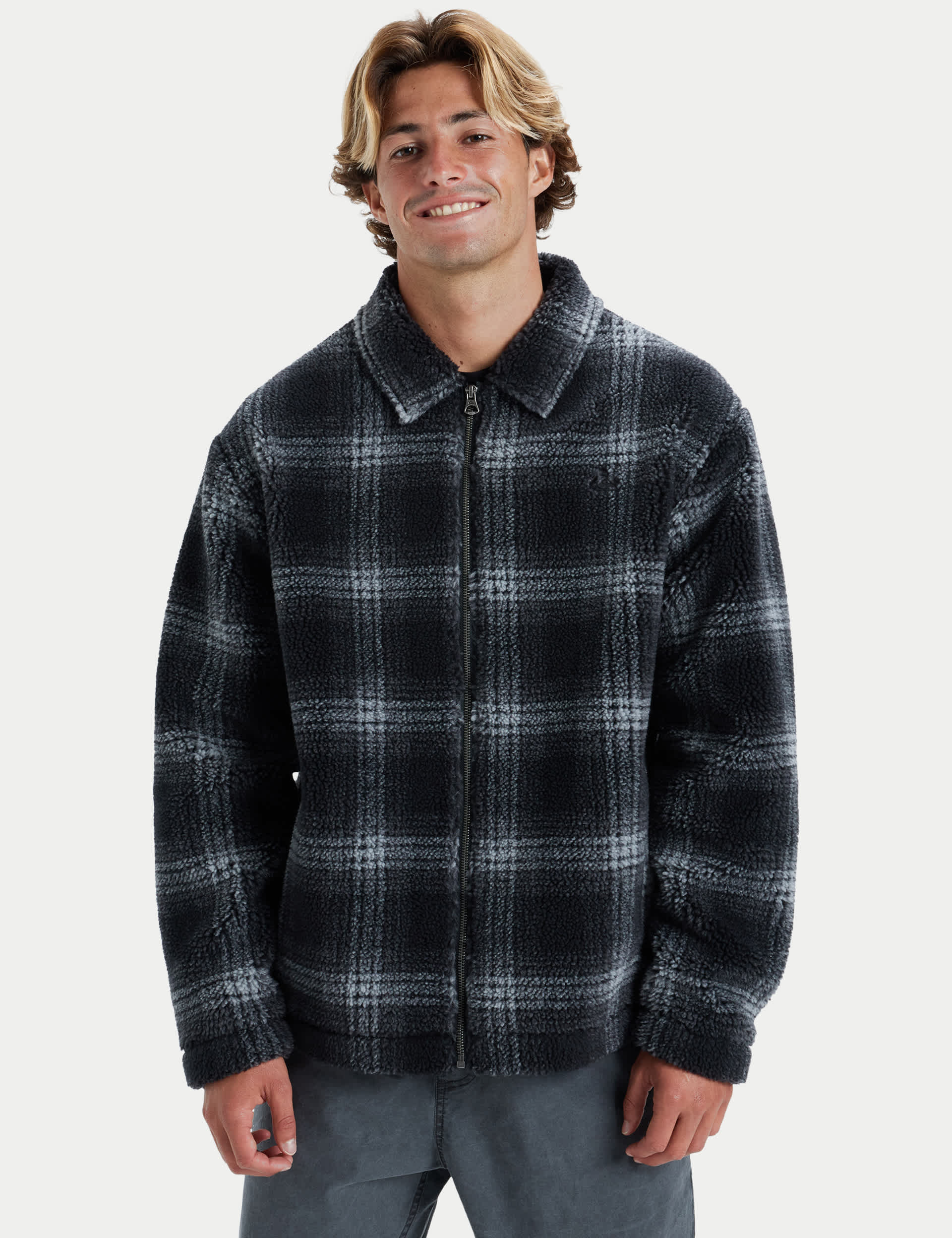 Quiksilver Men's Deck Fleece Checked Collared Jacket - M - Black Mix, Grey,Black Mix