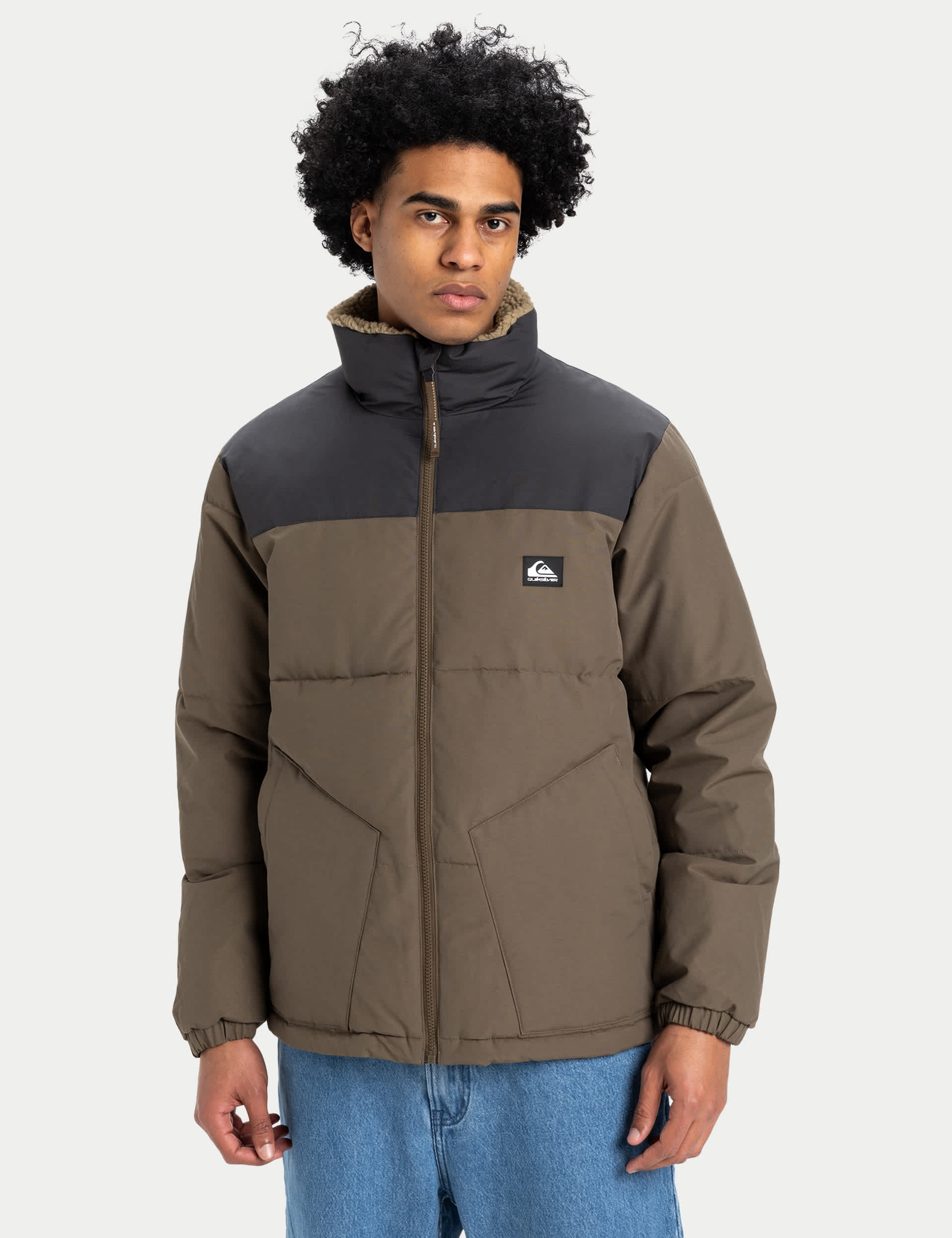 Quiksilver Men's Wild Mountain Pure Cotton Puffer Jacket - Khaki Mix, Khaki Mix,Navy