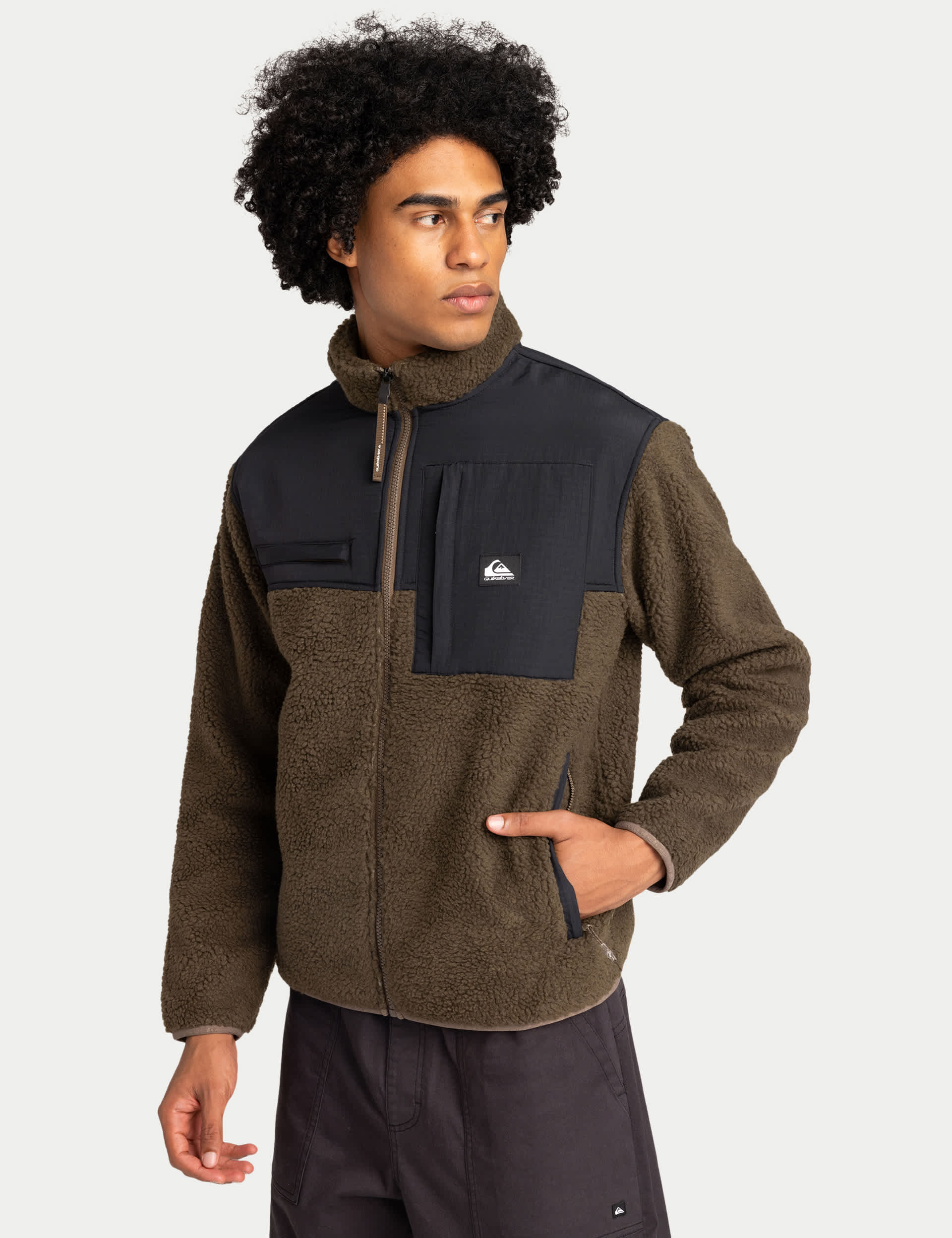 Quiksilver Men's Colour Block Zip Up Funnel Neck Fleece - Khaki Mix, Khaki Mix