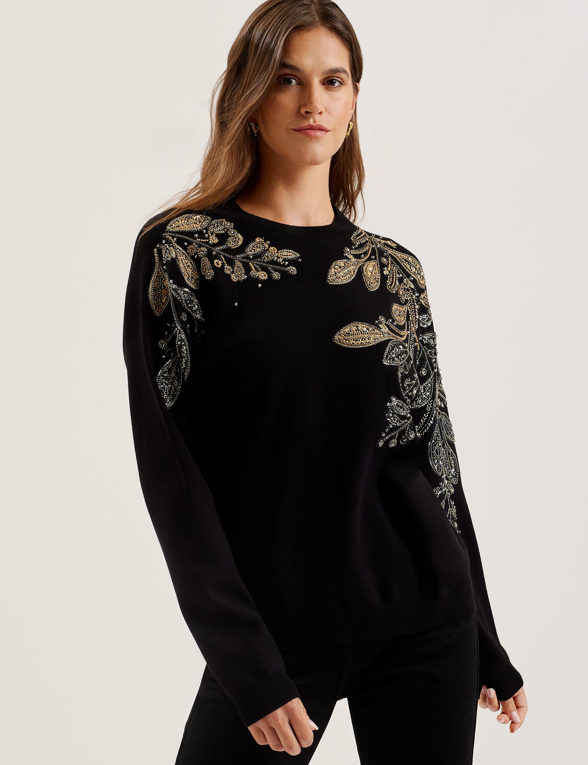 Ted Baker Women's Embellished Crew Neck Jumper - 12 - Black, Black