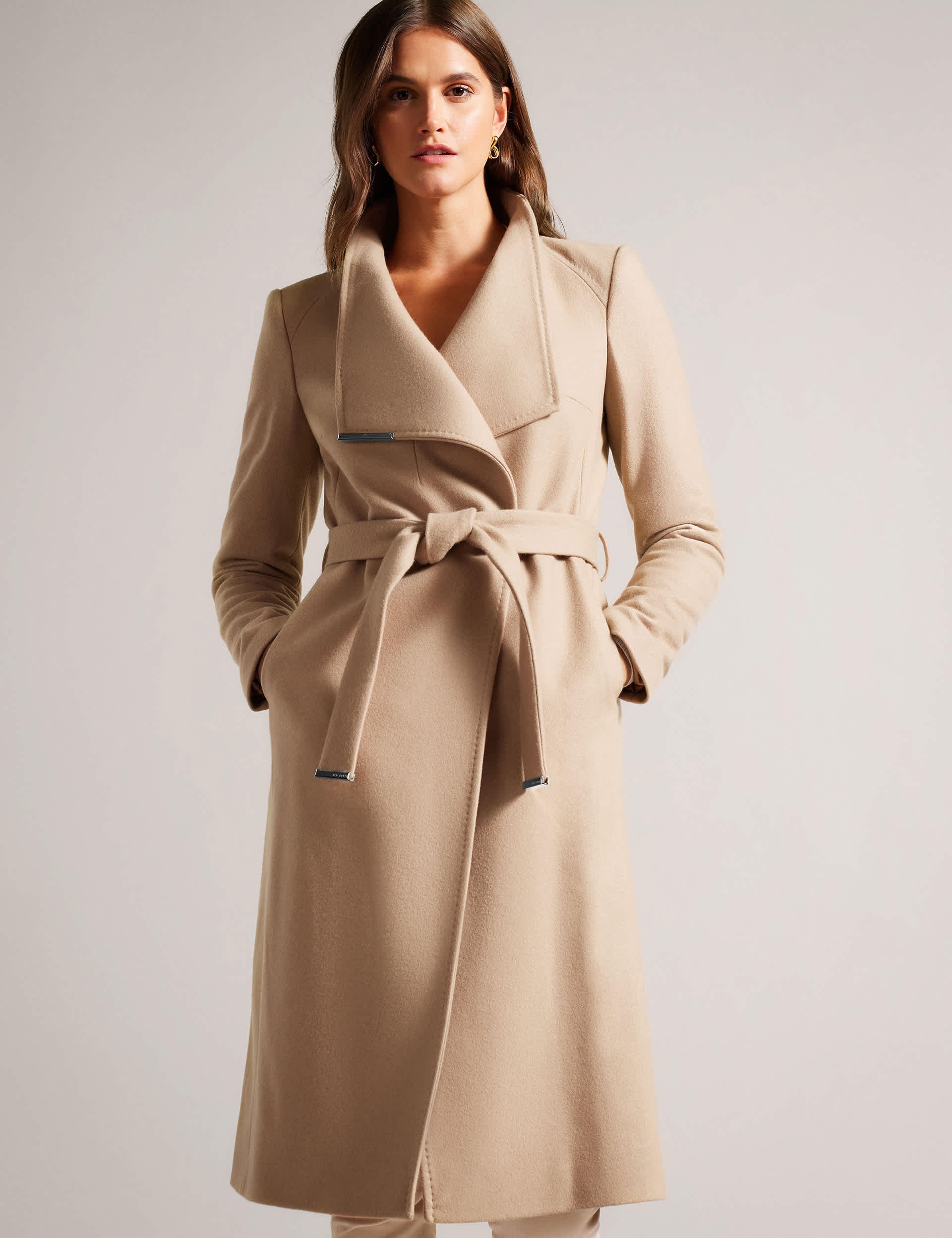 Ted Baker Women's Wool Rich Belted Collared Longline Wrap Coat - 14 - Beige, Beige