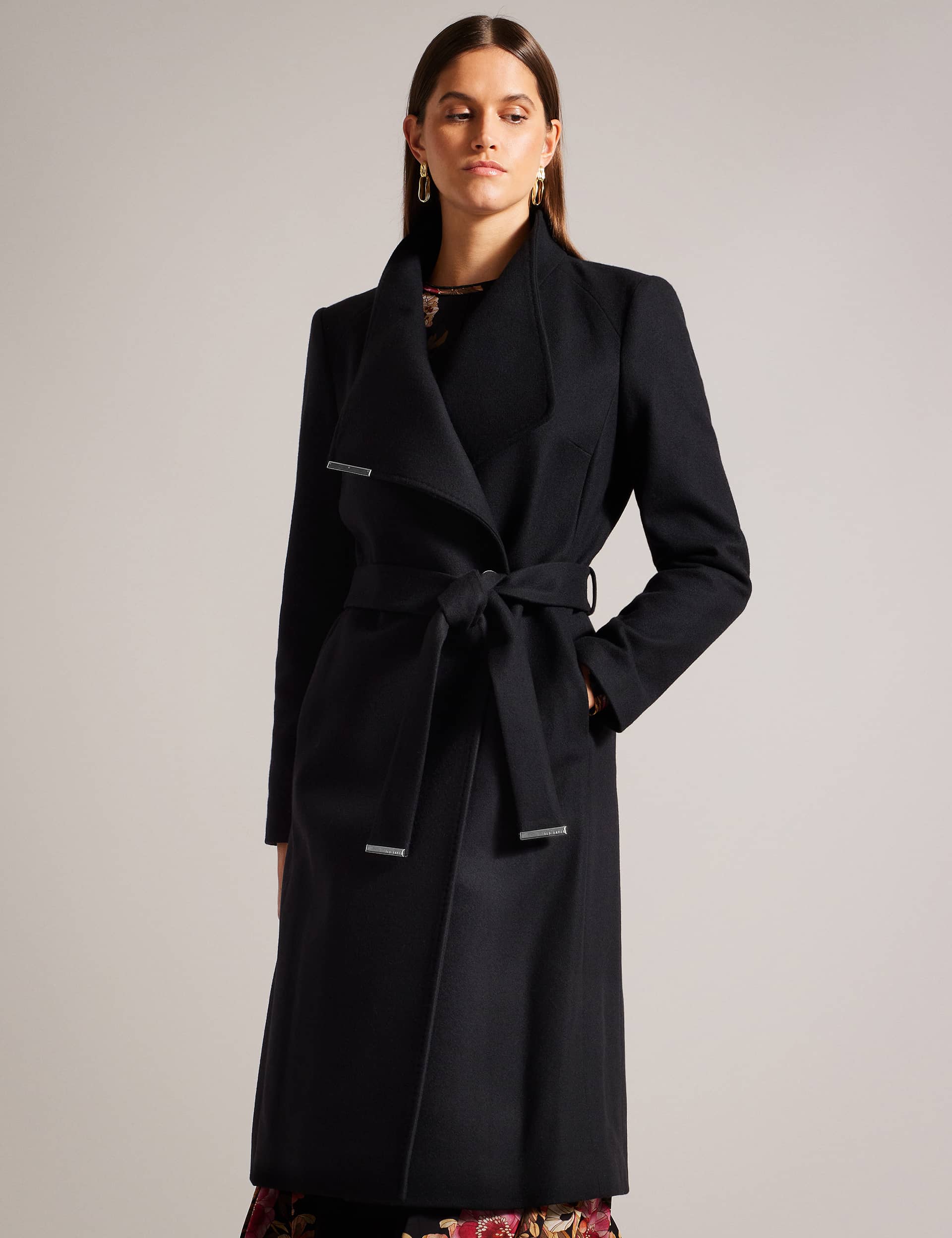 Ted Baker Women's Wool Rich Belted Collared Longline Wrap Coat - 12 - Black, Black