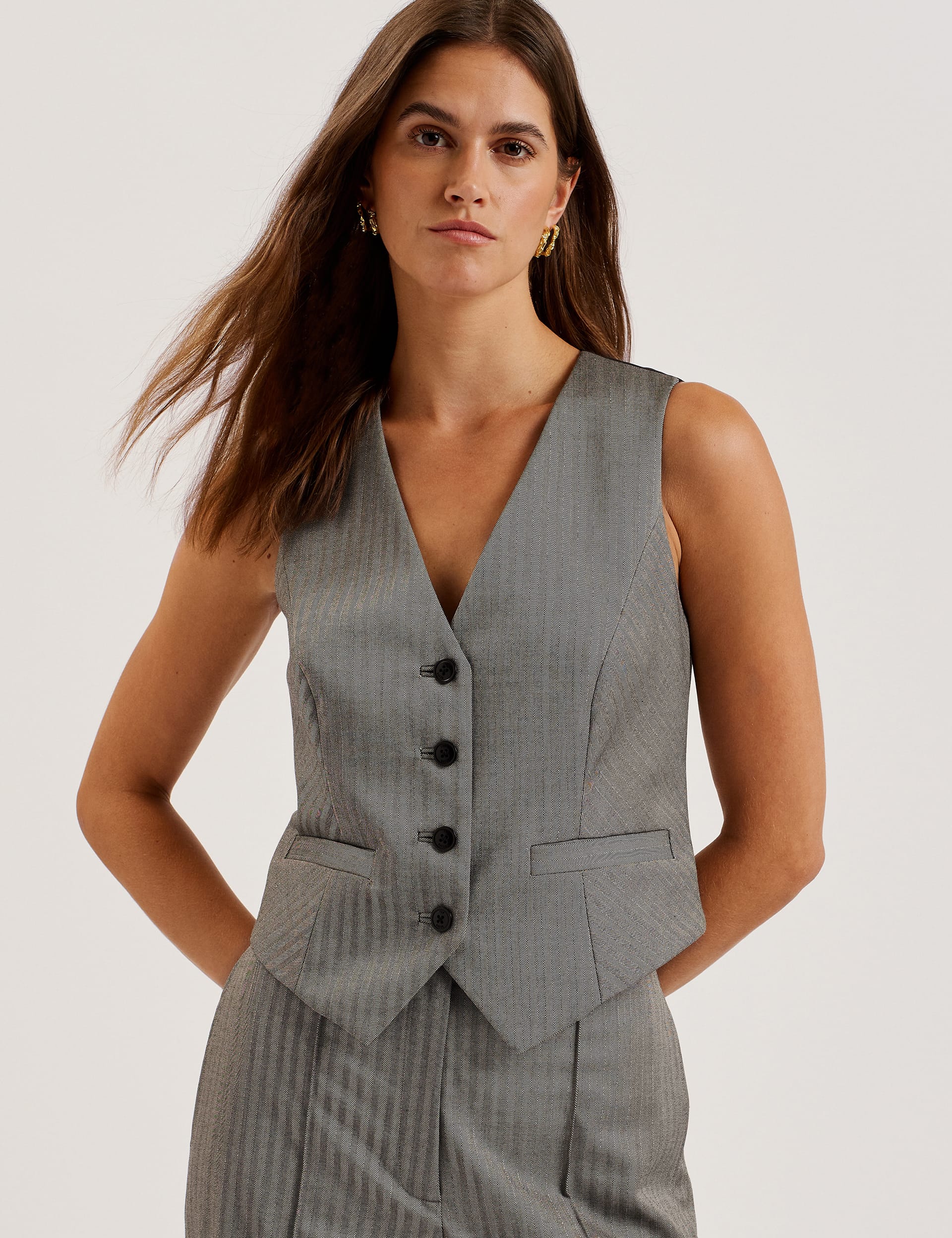 Ted Baker Women's Herringbone Single Breasted Waistcoat - 12 - Grey, Grey