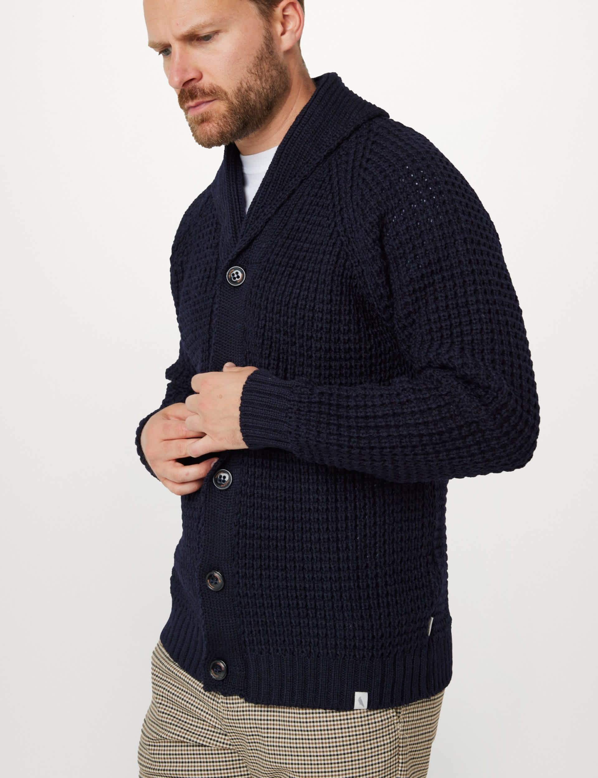 Peregrine Men's Waffle Shawl Cardigan - XL - Navy, Cream,Dark Grey,Navy