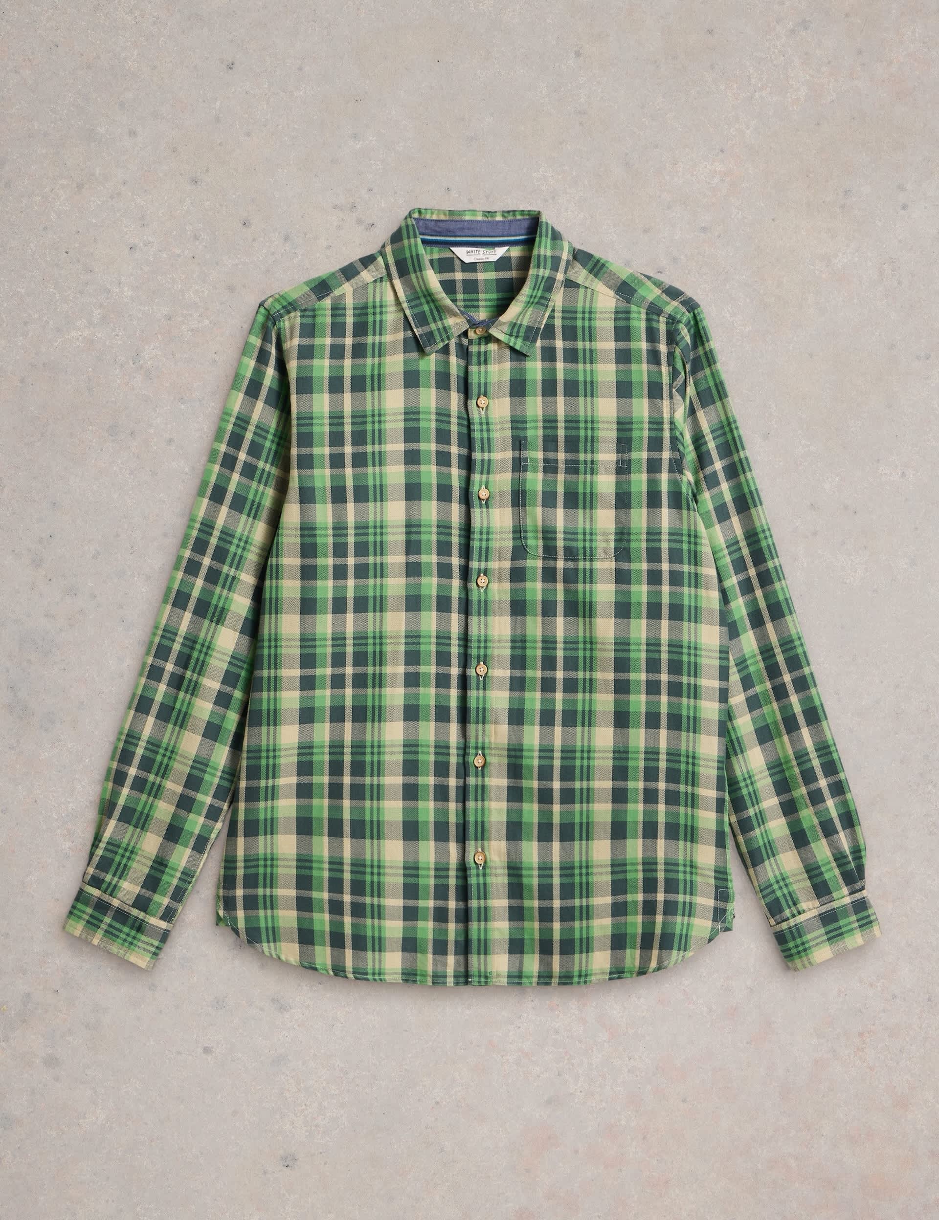 White Stuff Men's Pure Brushed Cotton Flannel Check Shirt - Green Mix, Blue Mix,Green Mix