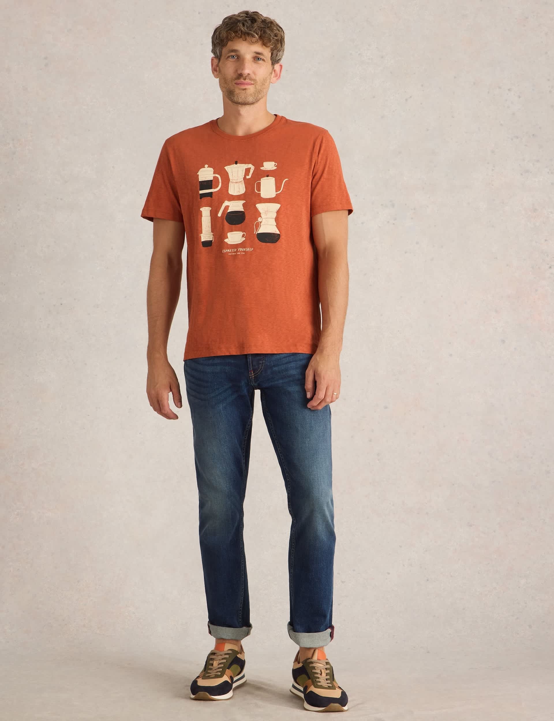 White Stuff Men's Pure Cotton Coffee Graphic T-Shirt - M - Orange Mix, Orange Mix