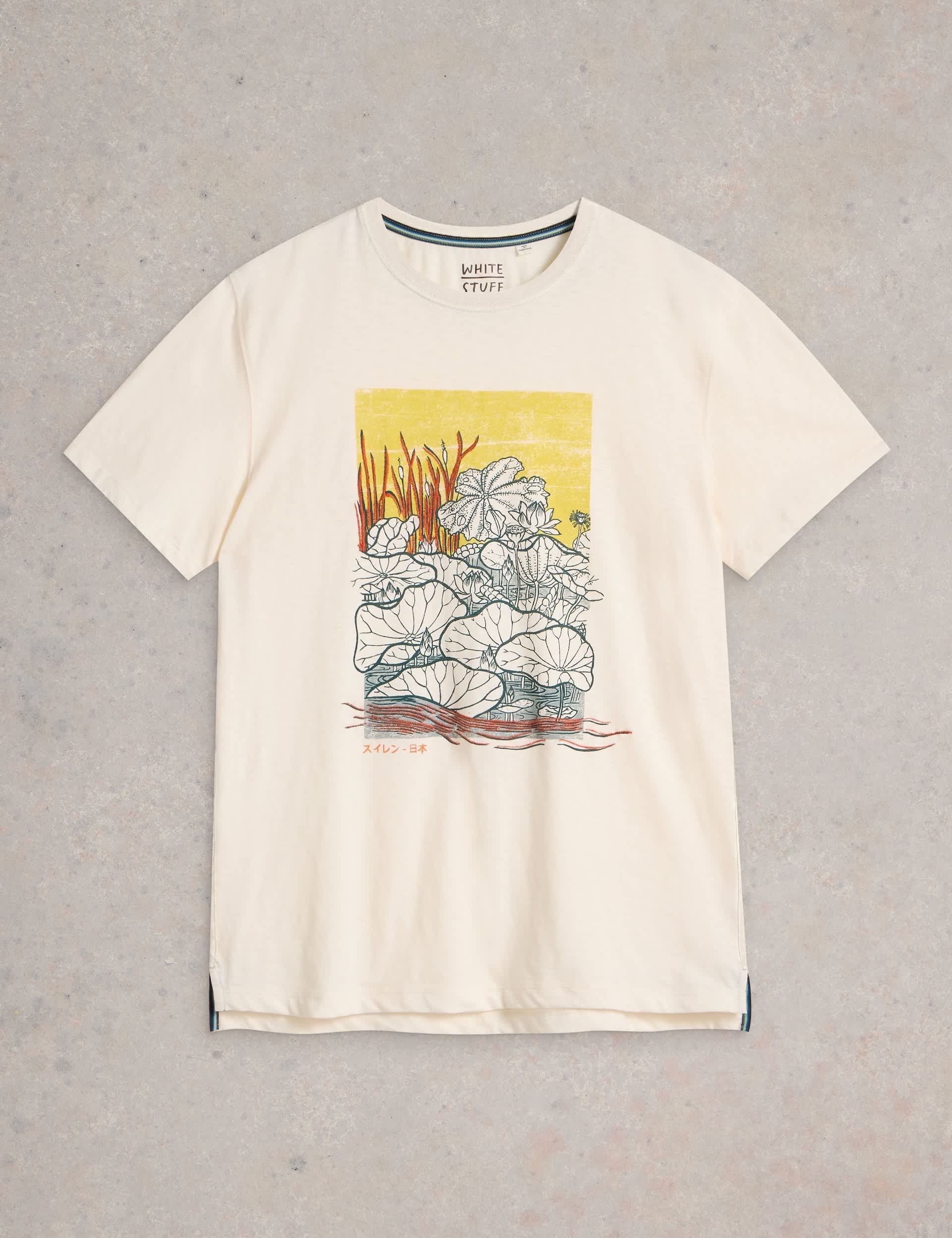 White Stuff Men's Pure Cotton Lily Pad Graphic T-Shirt - M - White Mix, White Mix