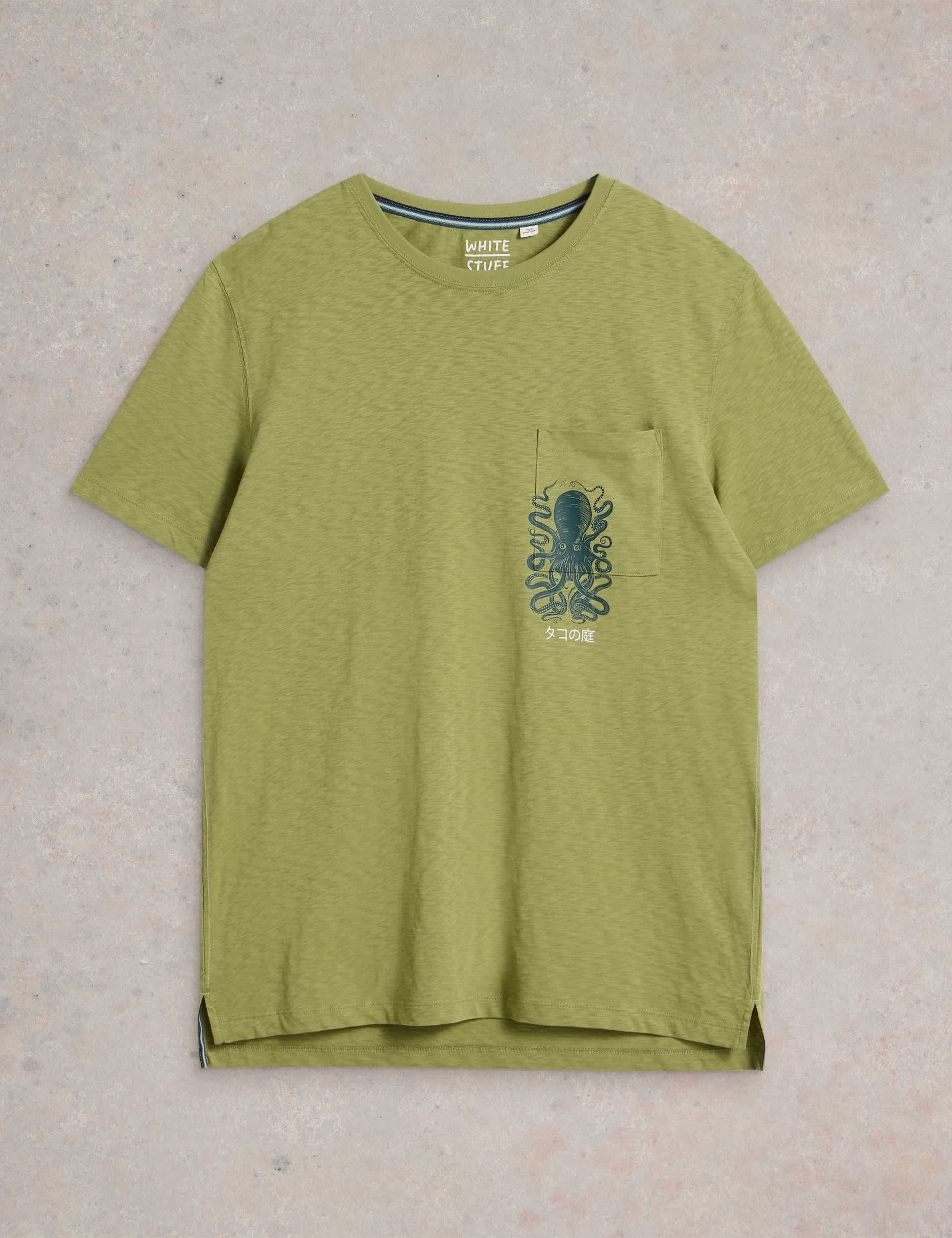 White Stuff Men's Pure Cotton Octopus Graphic Crew Neck T-Shirt - L - Green Mix, Green Mix