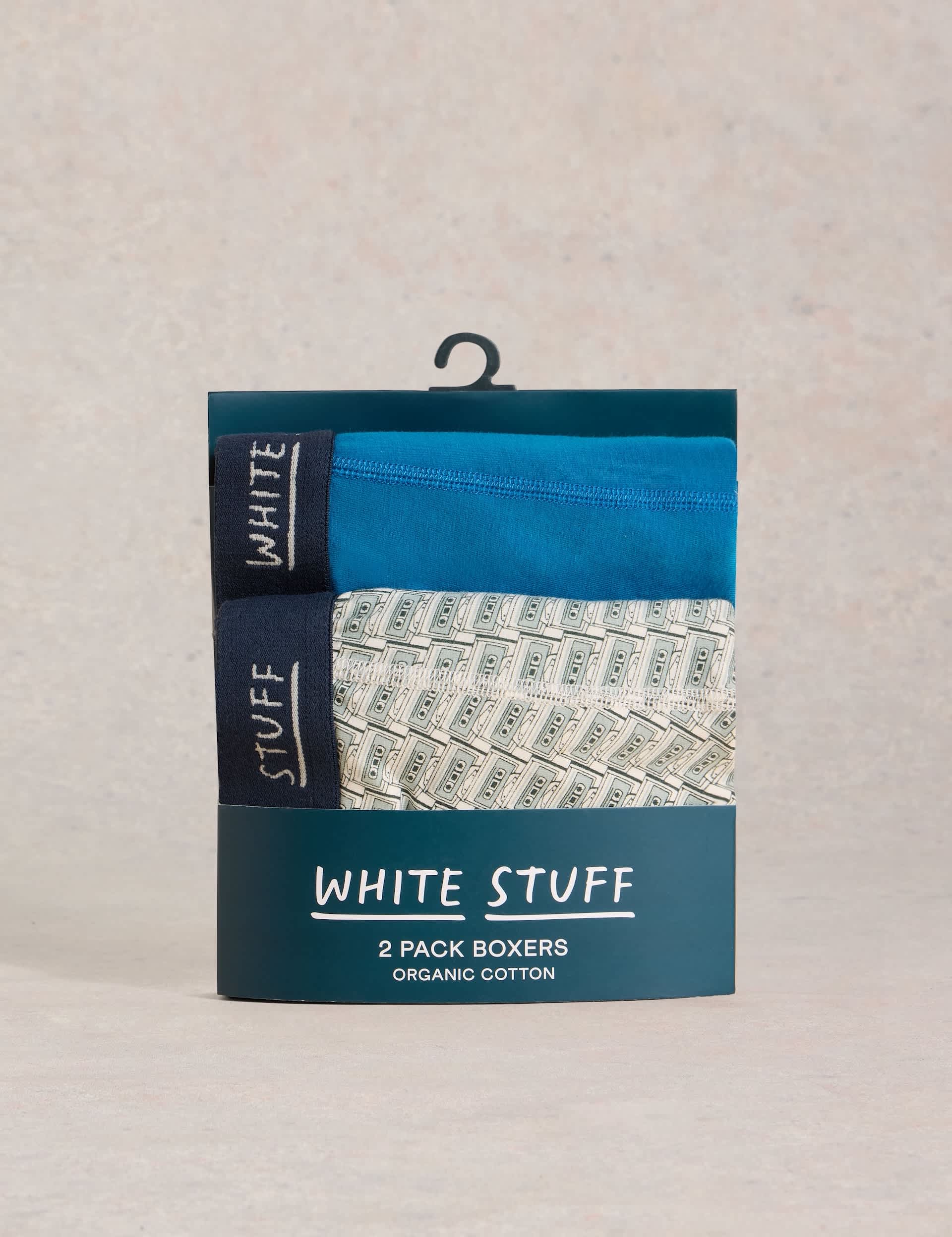 White Stuff Men's 2 Pack Cotton Rich Cassette & Plain Boxers - XL - Blue Mix, Blue Mix