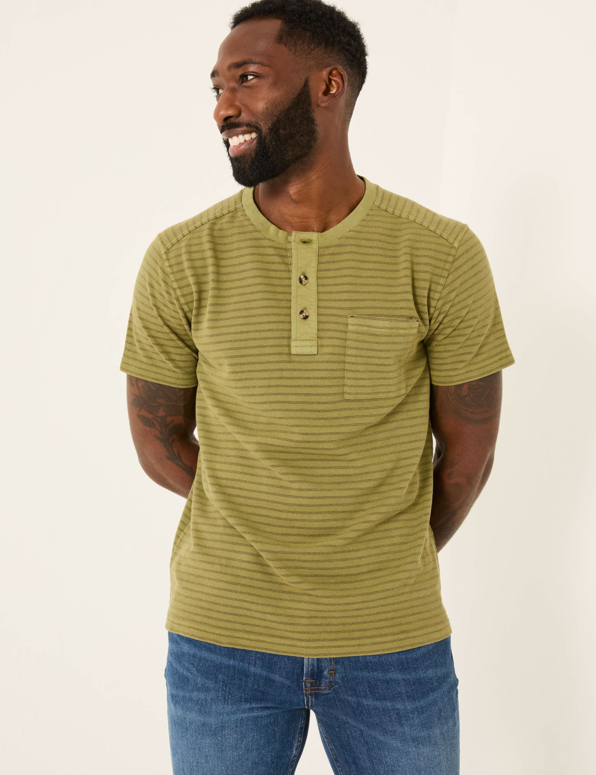 Fatface Men's Pure Cotton Henley Striped T-Shirt - LREG - Green Mix, Green Mix