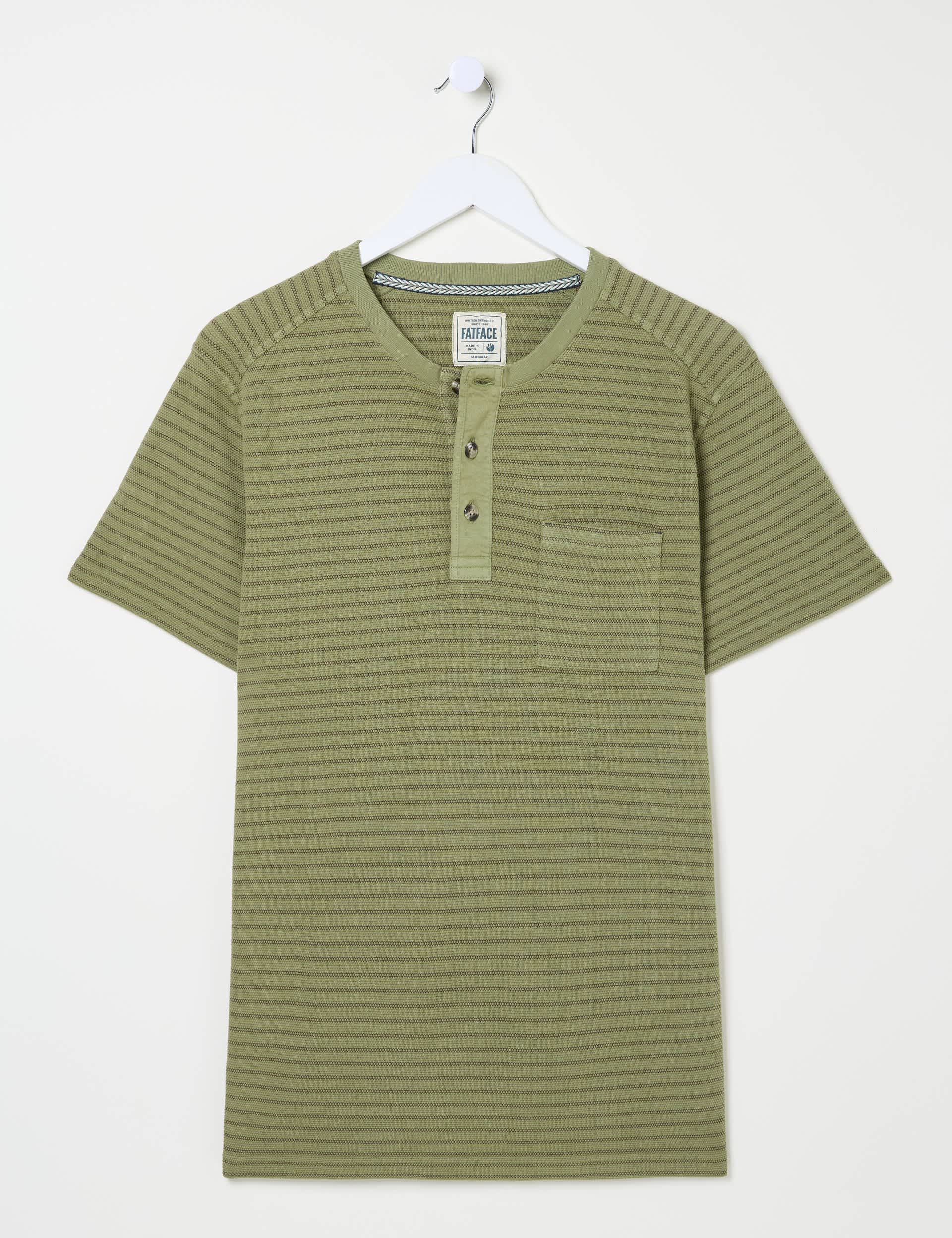 Fatface Men's Pure Cotton Henley Striped T-Shirt - LREG - Green Mix, Green Mix