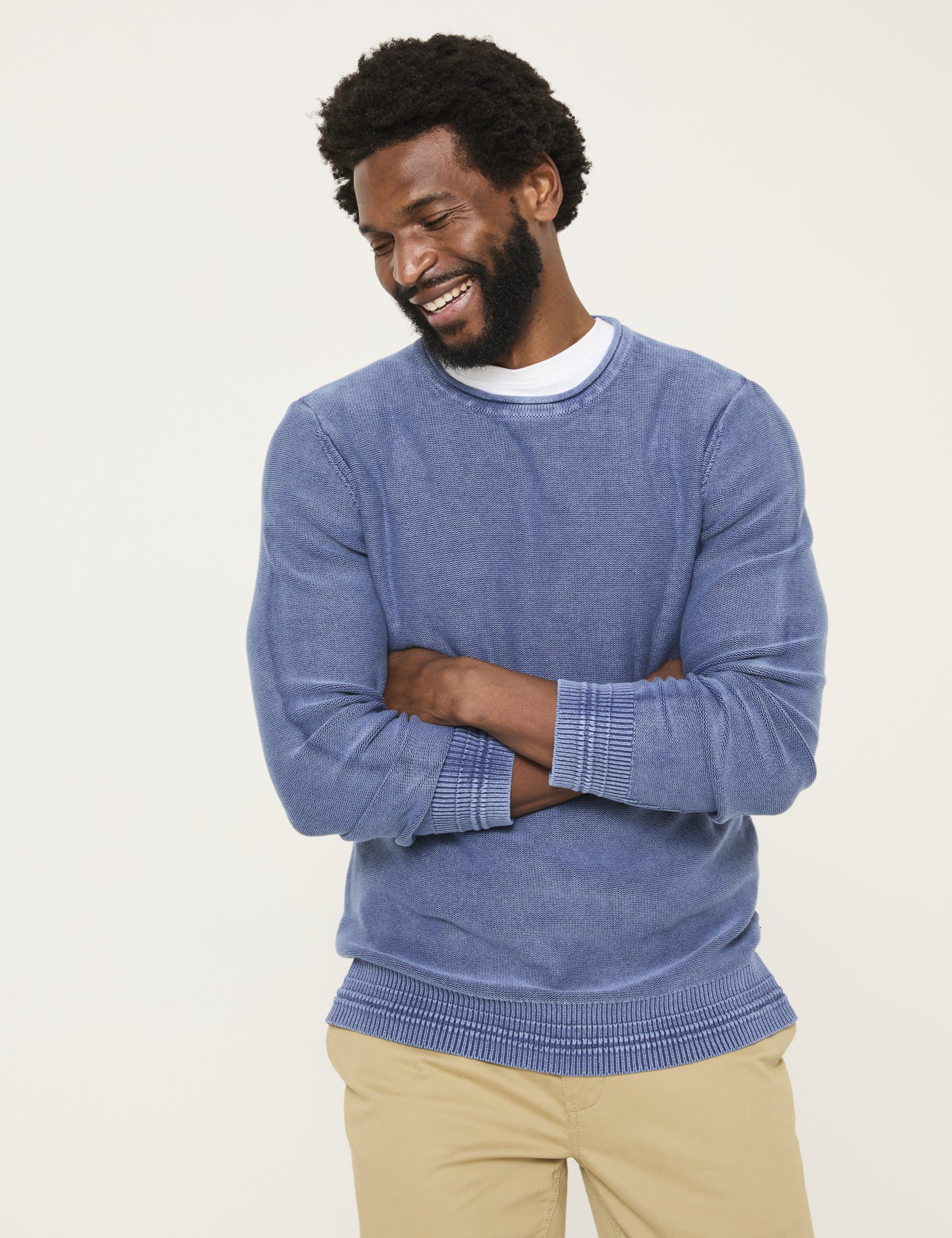 Fatface Men's Pure Cotton Textured Crew Neck Jumper - LREG - Navy, Navy