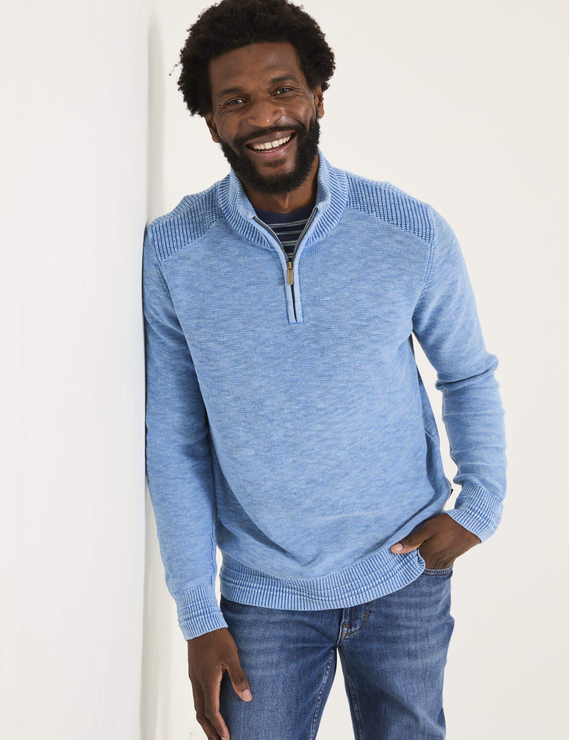 Fatface Men's Pure Cotton Textured Half Zip Jumper - XLREG - Blue Denim, Blue Denim