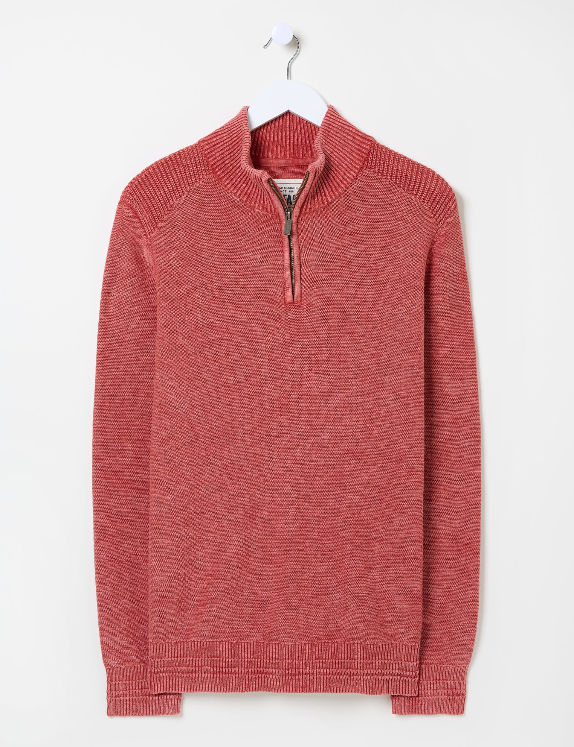 Fatface Men's Pure Cotton Textured Half Zip Jumper - LREG, Red