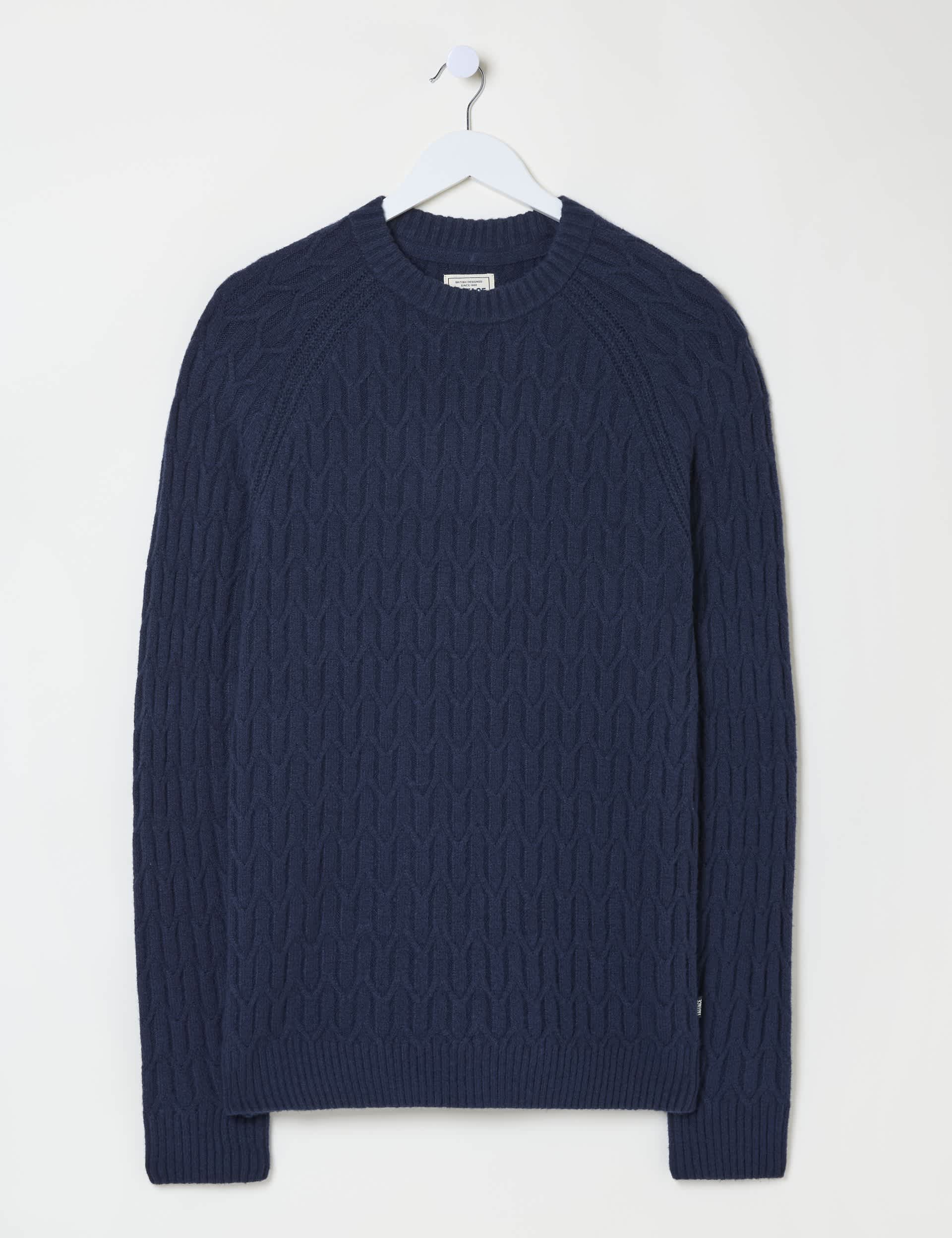 Fatface Men's Textured Crew Neck Jumper with Cotton - LREG - Navy, Navy