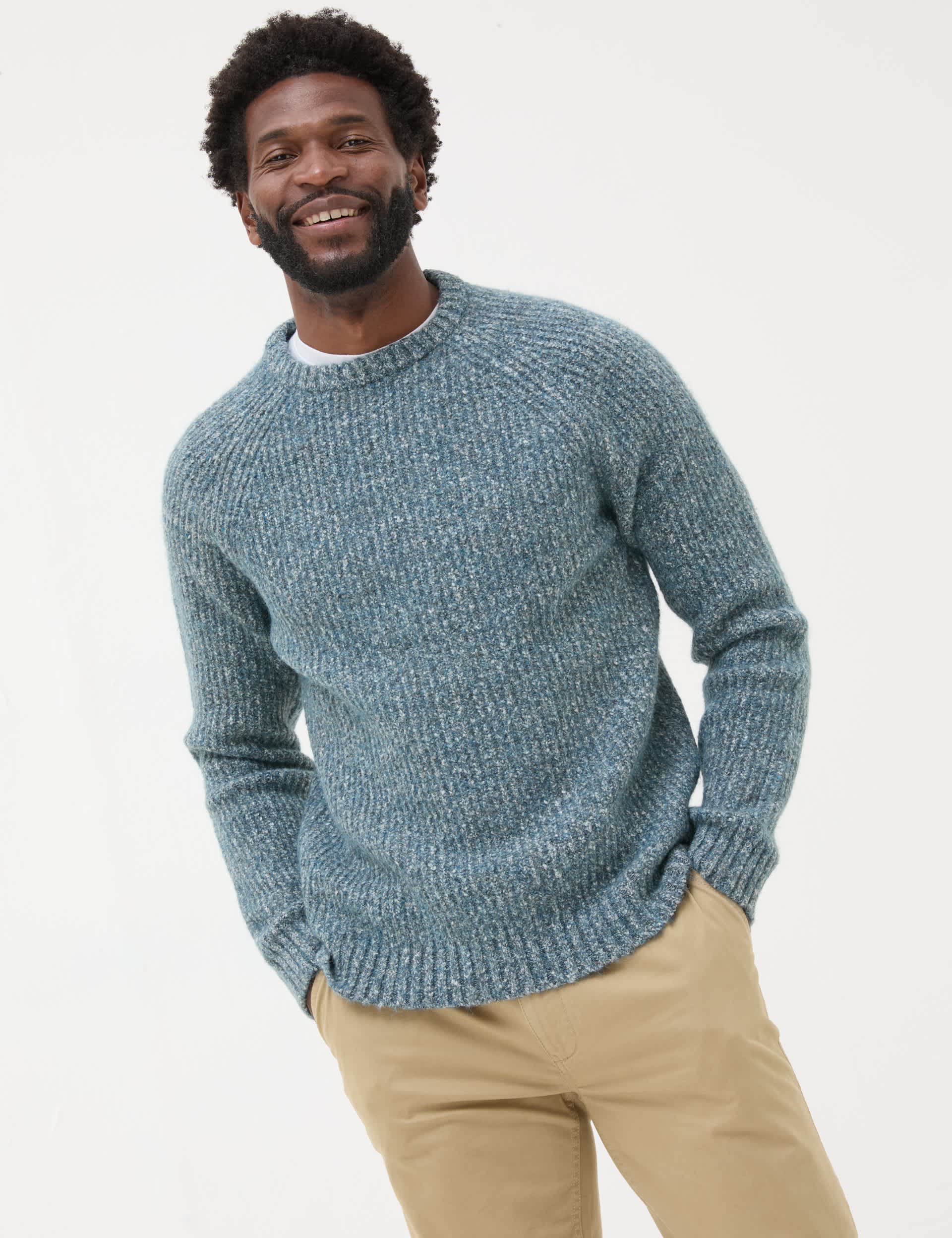 Fatface Men's Cotton Blend Textured Crew Neck Jumper - XSREG - Blue, Blue