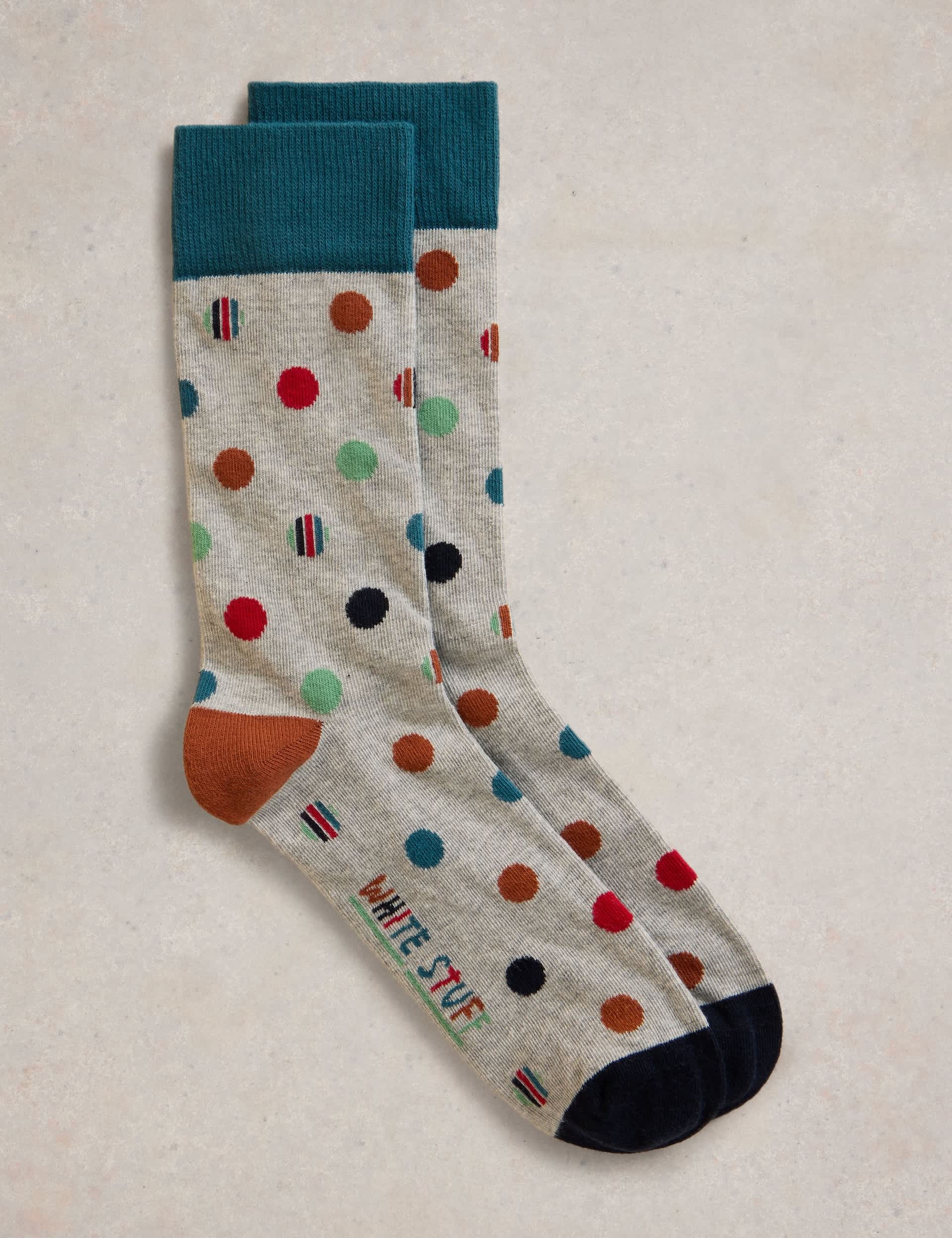 White Stuff Men's Polka Dot Cotton Rich Socks - 7-9 - Grey Mix, Grey Mix