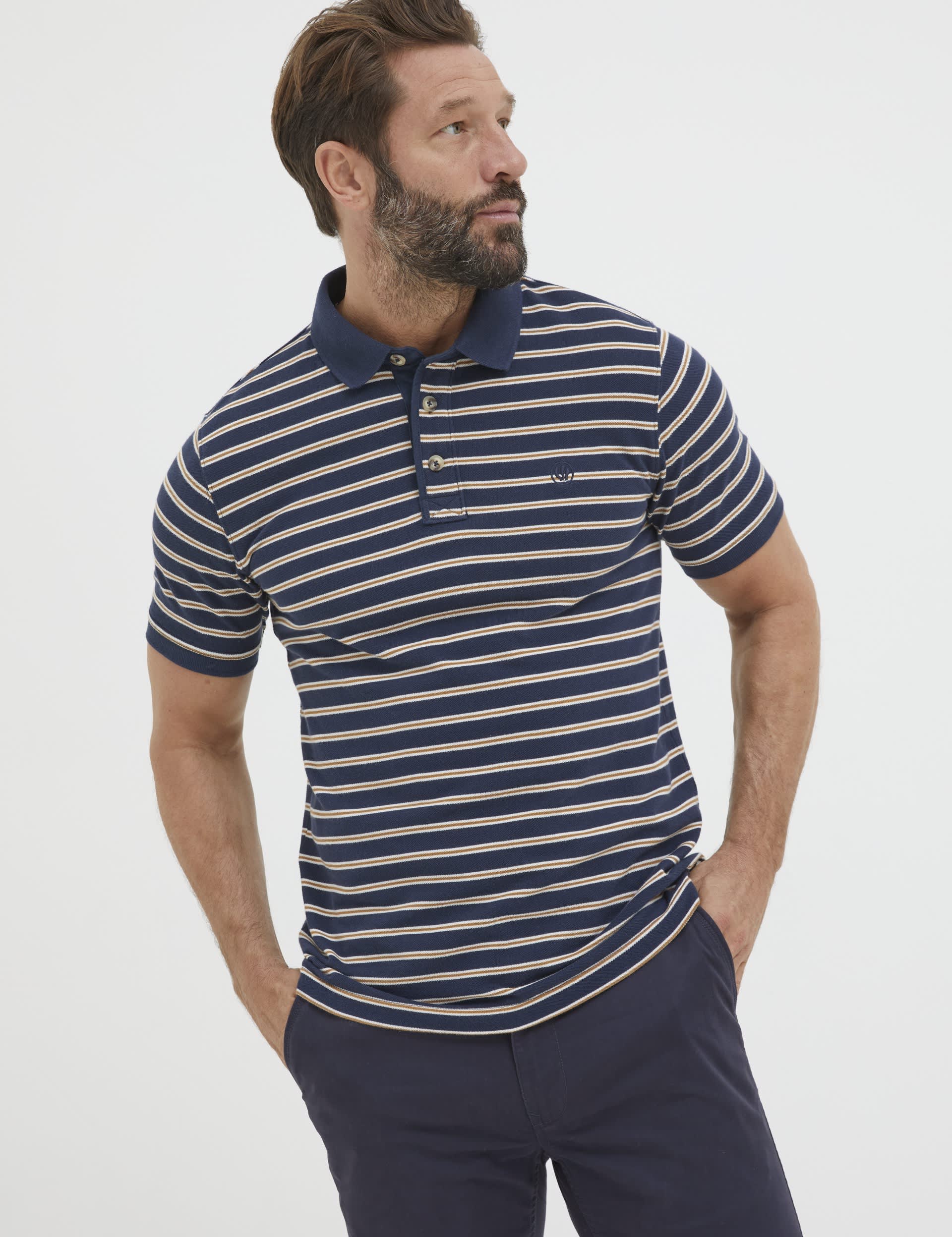 Fatface Men's Pure Cotton Pique Striped Polo Shirt - XSREG - Navy Mix, Navy Mix