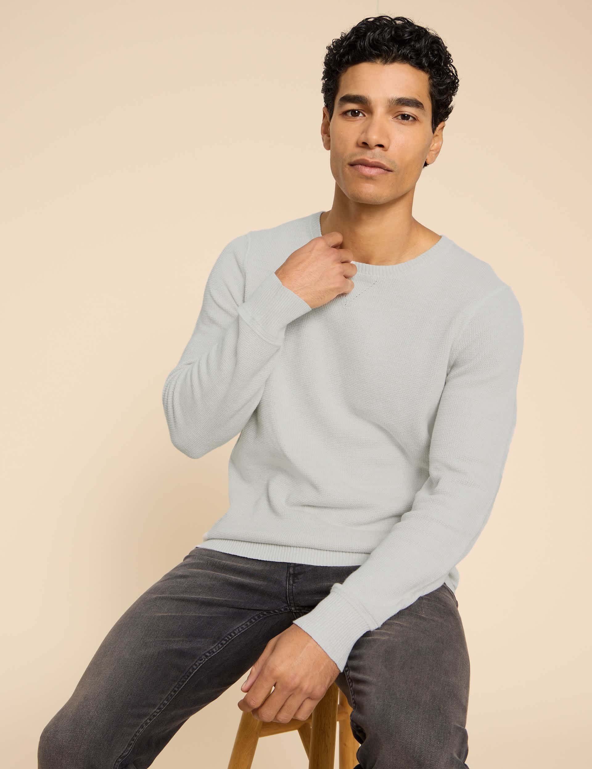 White Stuff Men's Pure Cotton Textured Crew Neck Jumper - L - Grey, Grey