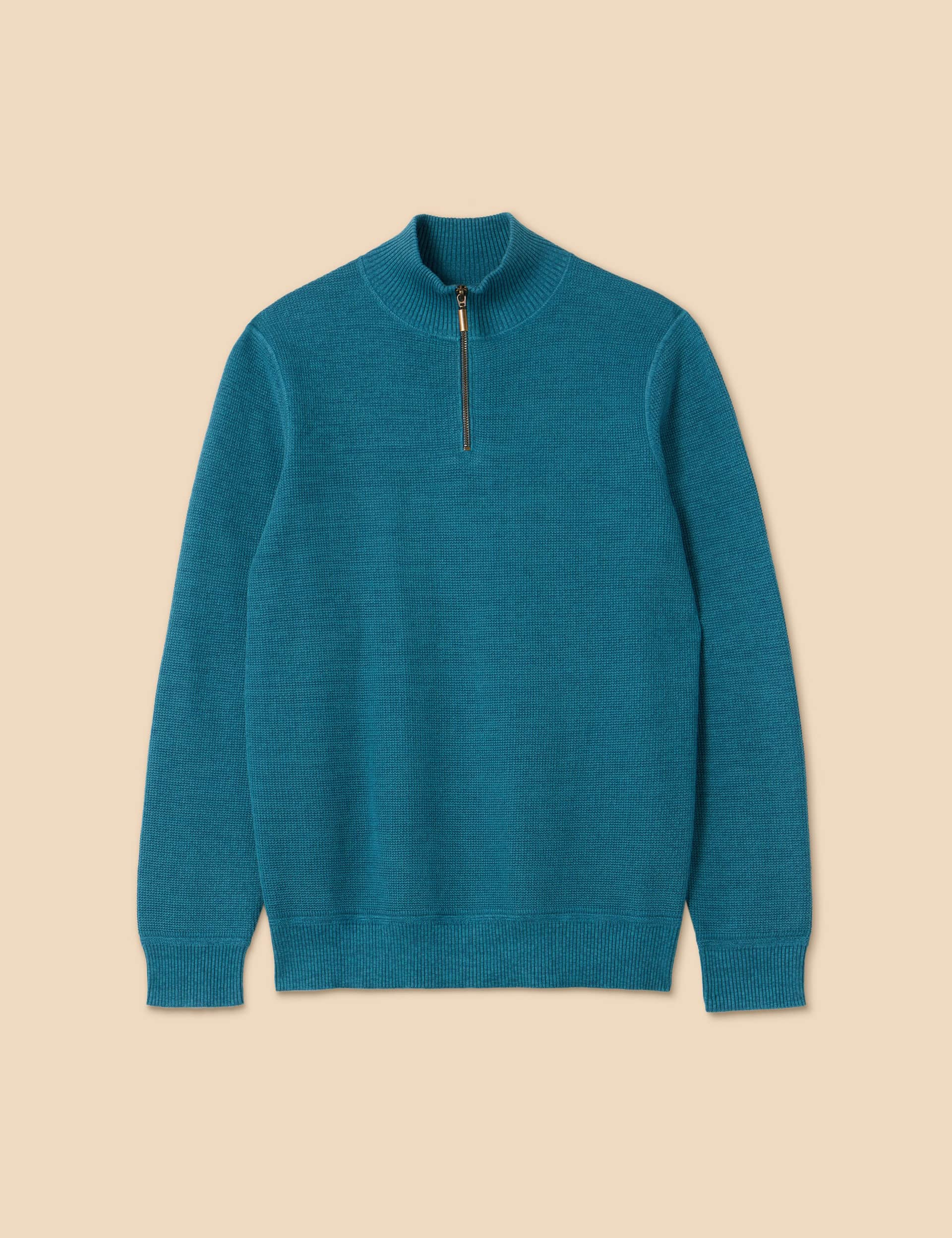 White Stuff Men's Pure Cotton Textured Half Zip Jumper - S - Teal, Teal