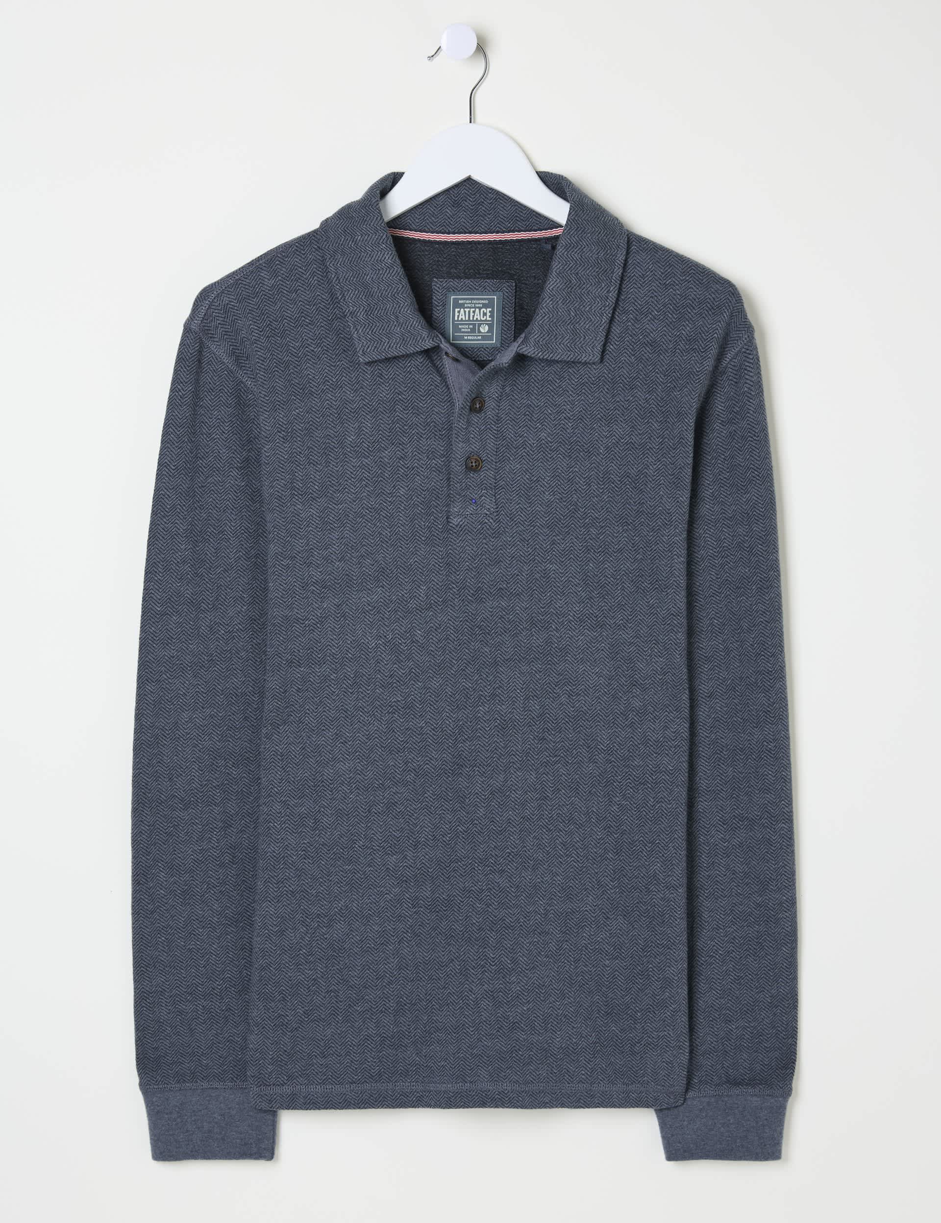 Fatface Men's Pure Cotton Herringbone Long Sleeve Polo Shirt - SREG - Navy, Navy