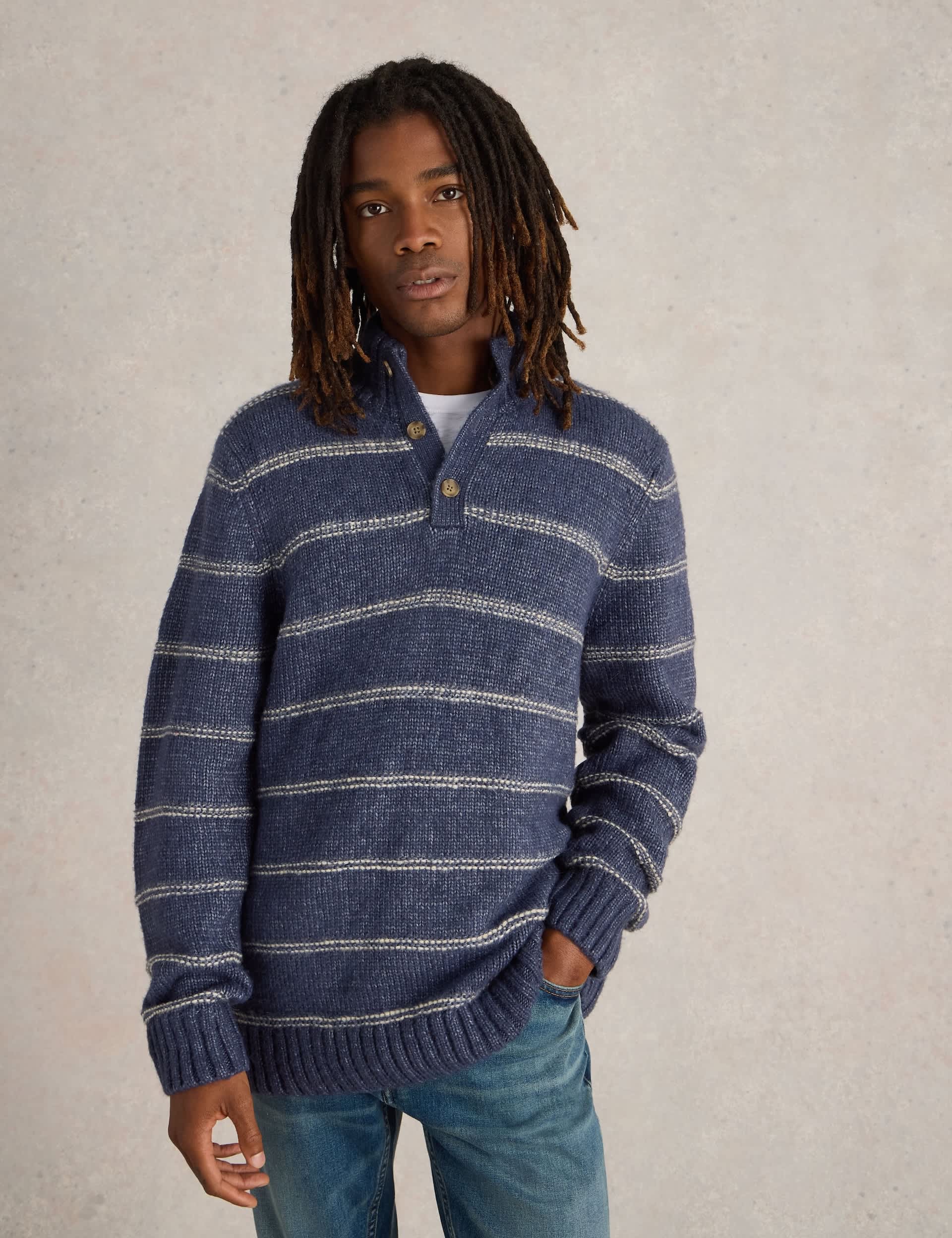 White Stuff Men's Striped Funnel Neck Jumper - XL - Navy Mix, Navy Mix