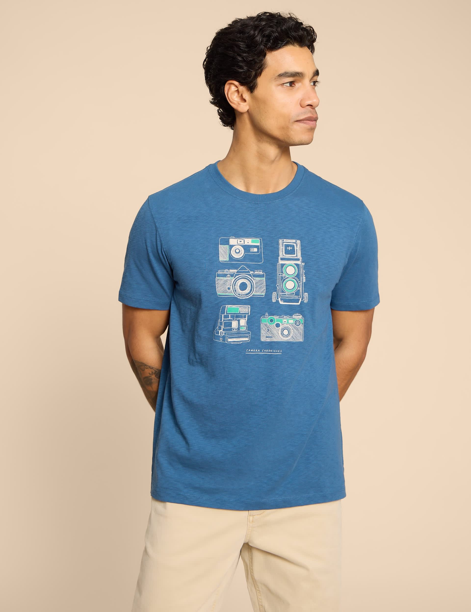 White Stuff Men's Pure Cotton Camera Graphic T-Shirt - XL - Blue Mix, Blue Mix