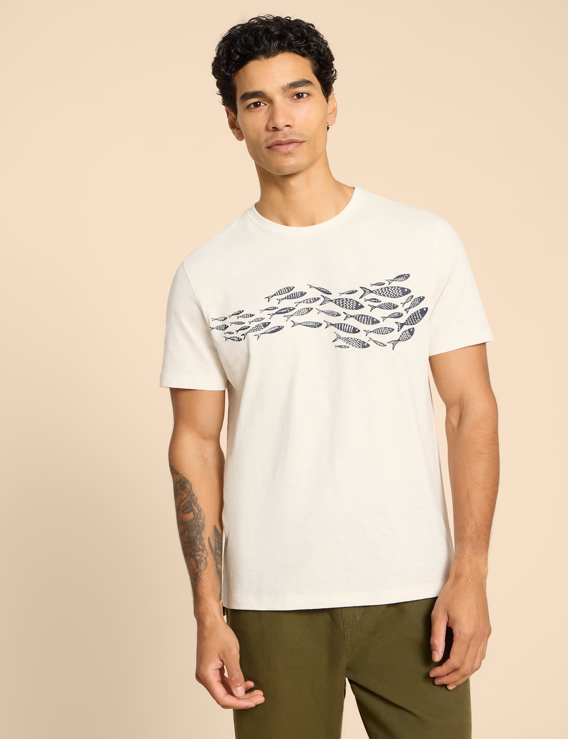 White Stuff Men's Pure Cotton Fish Graphic T-Shirt - White Mix, White Mix