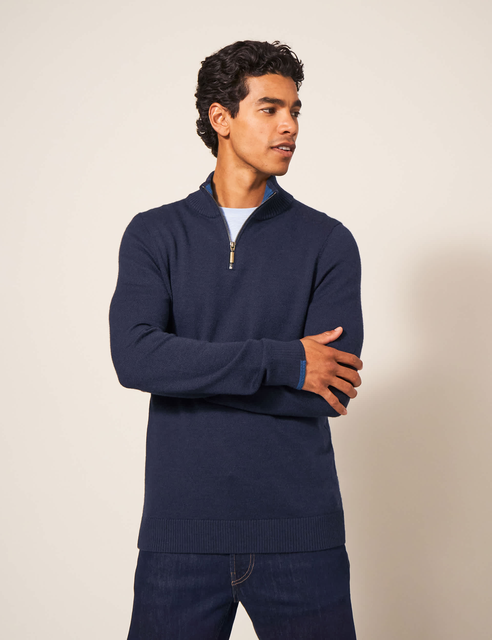 White Stuff Men's Pure Merino Wool Funnel Neck Half Zip Jumper
