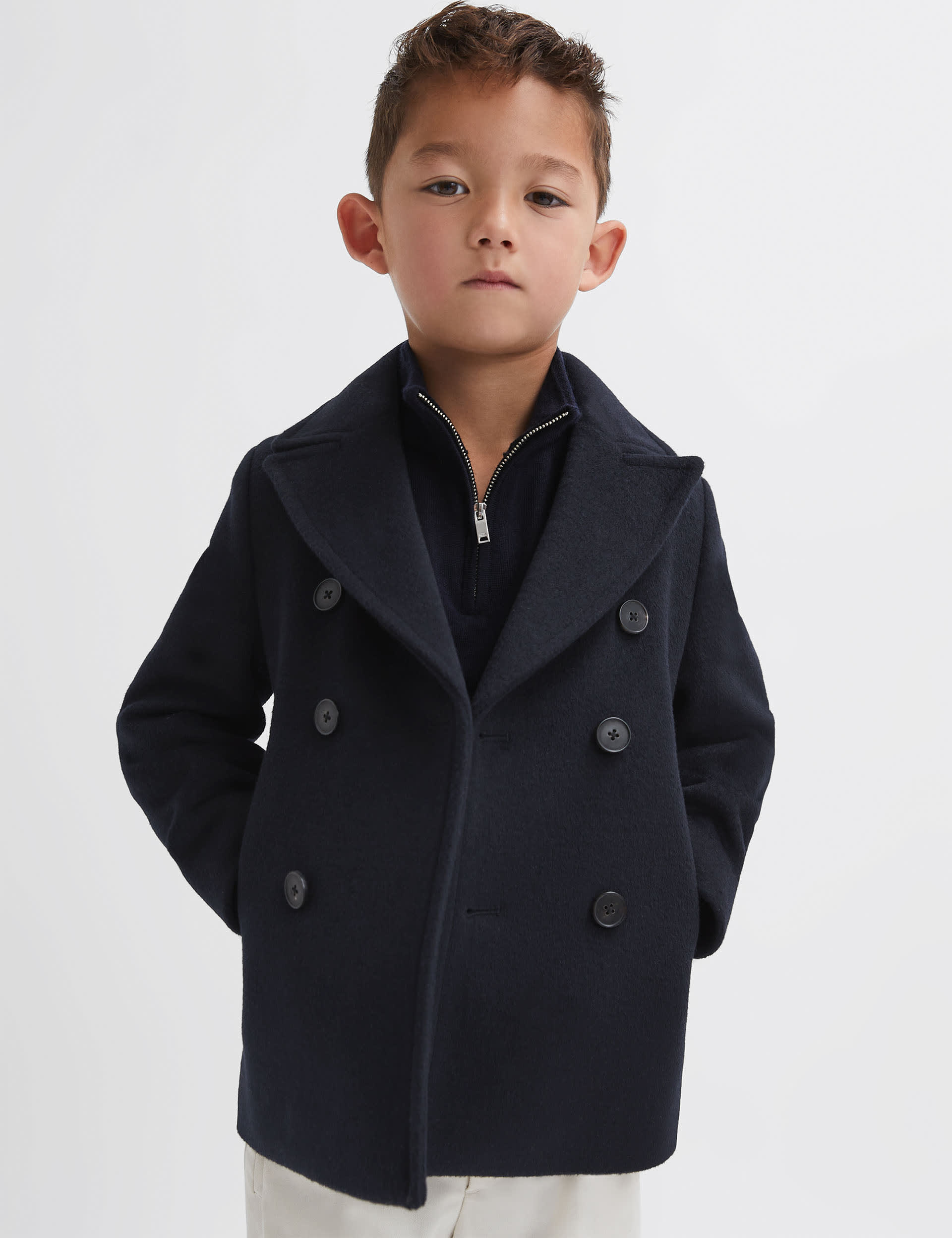 Reiss Boys Wool Blend Double Breasted Jacket (4-14 Yrs) - 8-9 Y - Dark Blue, Natural,Dark Blue