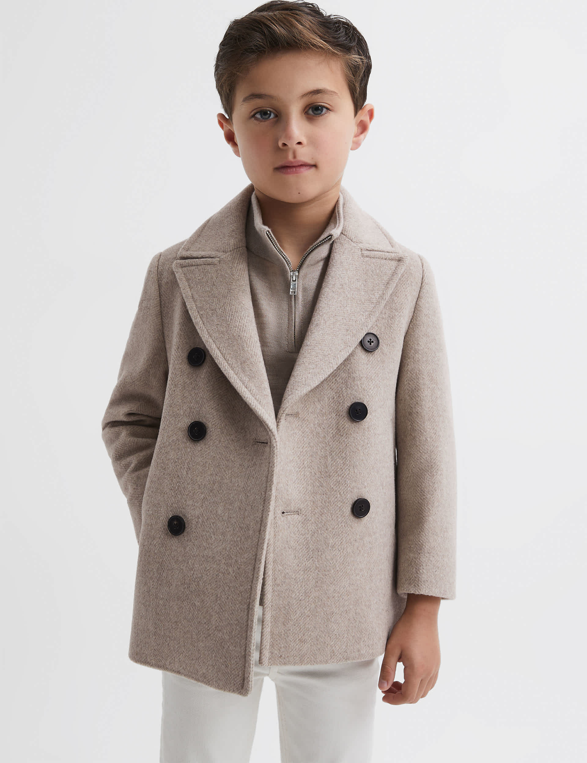 Reiss Boys Wool Blend Double Breasted Jacket (4-14 Yrs) - 8-9 Y - Natural, Natural,Dark Blue