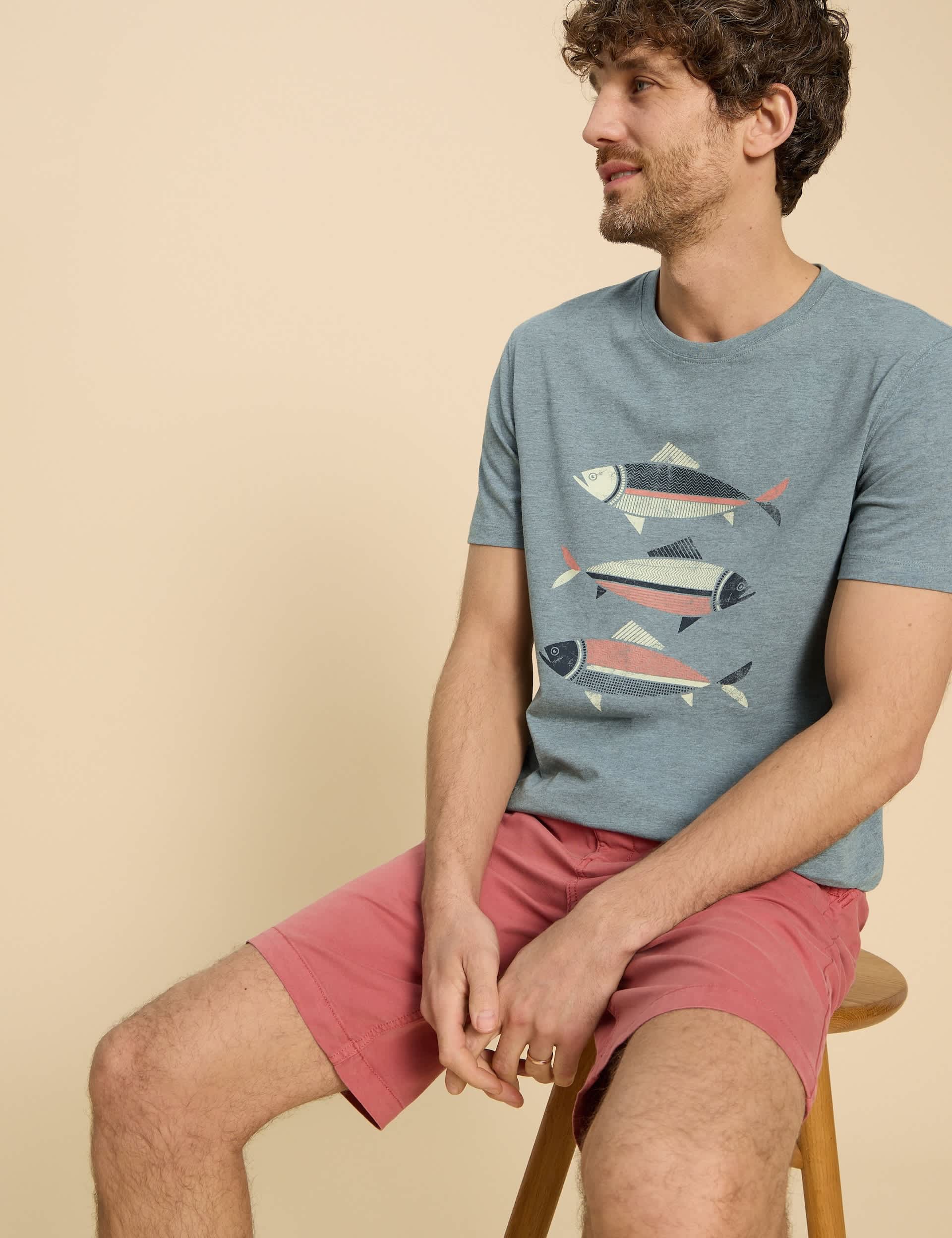 White Stuff Men's Cotton Rich Fish Graphic Crew Neck T-Shirt - Denim Mix, Denim Mix