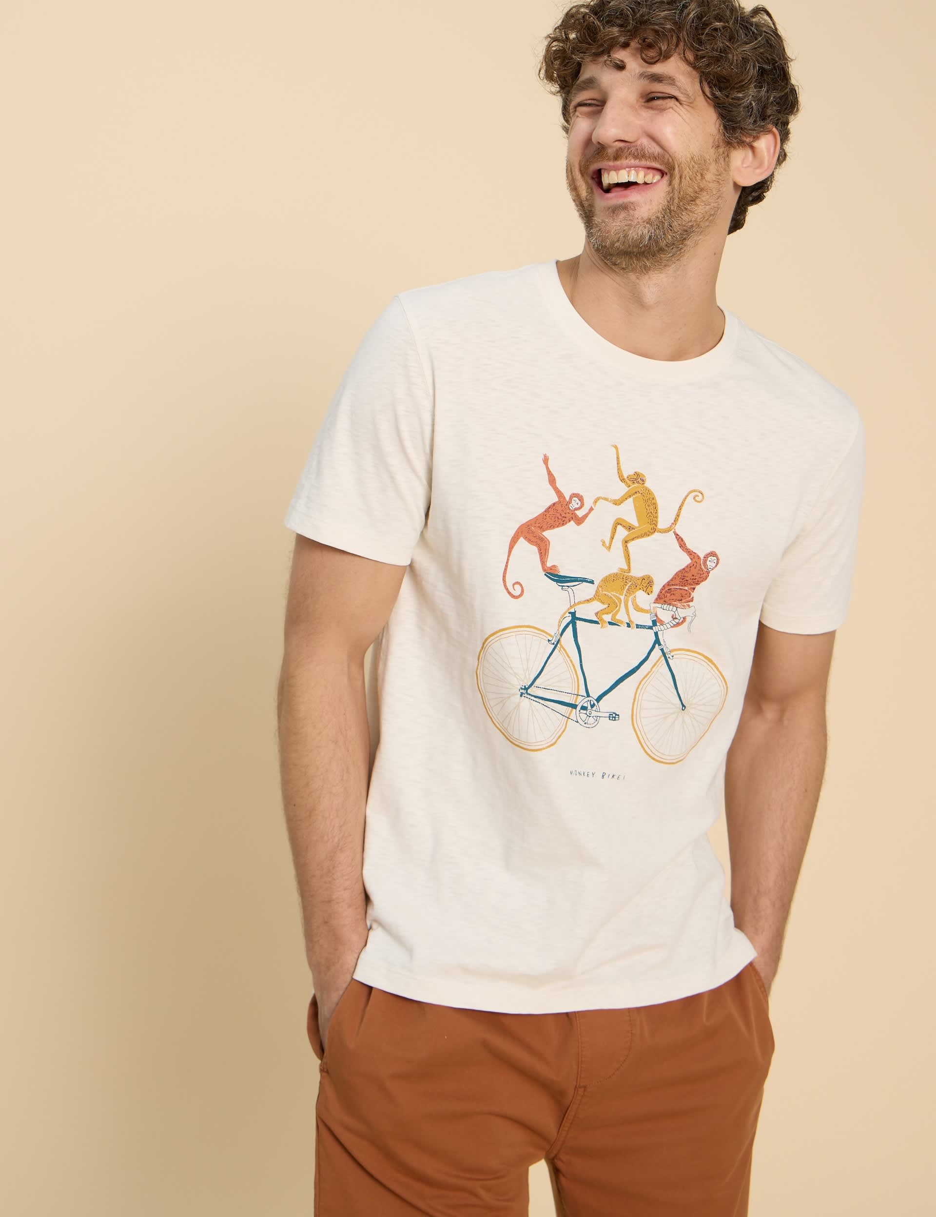 White Stuff Men's Pure Cotton Monkeys On Bike Graphic T-Shirt - L - White Mix, White Mix