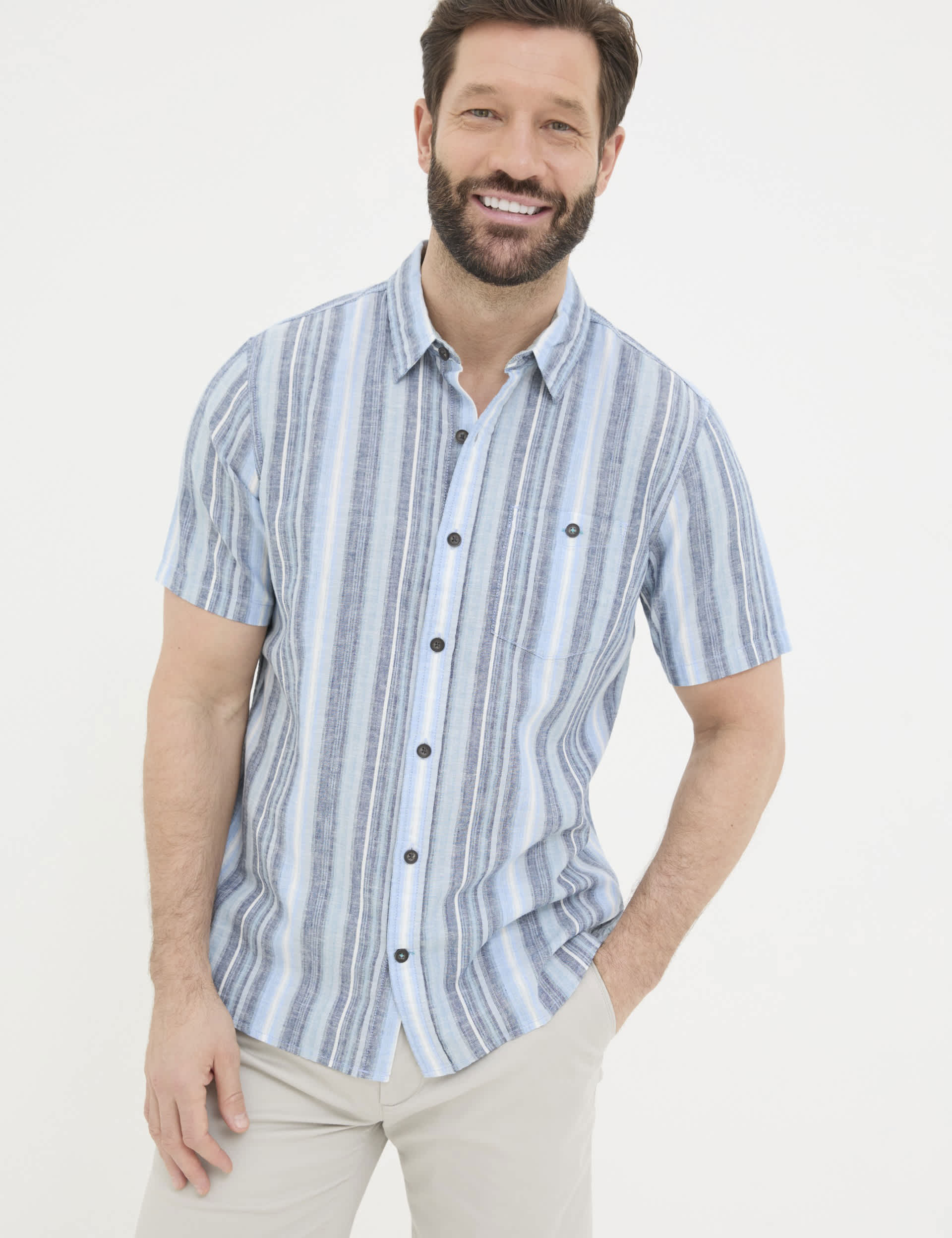 Fatface Men's Cotton Linen Blend Striped Shirt - XSREG - Blue Mix, Blue Mix