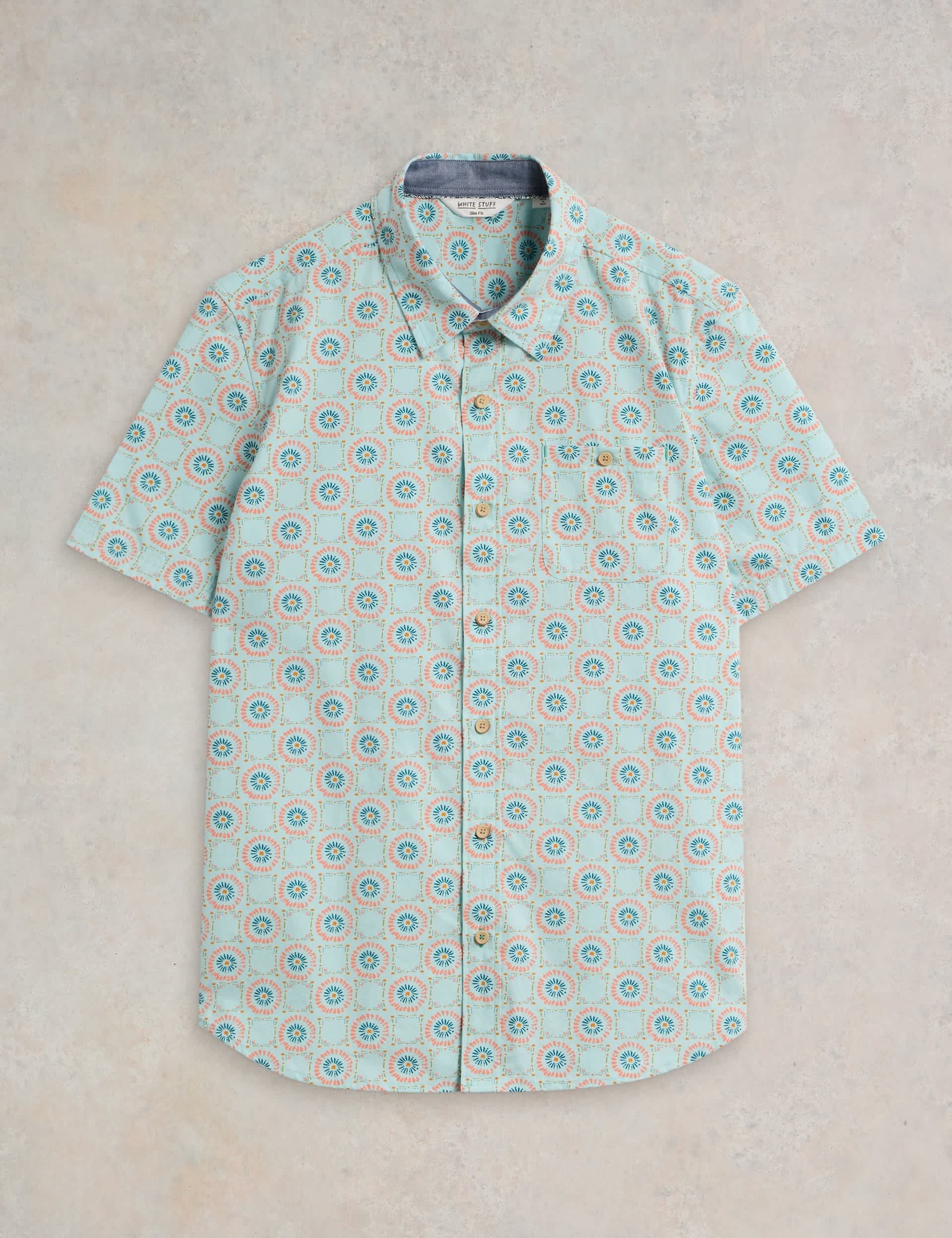 White Stuff Men's Pure Cotton Tile Print Shirt - Blue Mix, Blue Mix