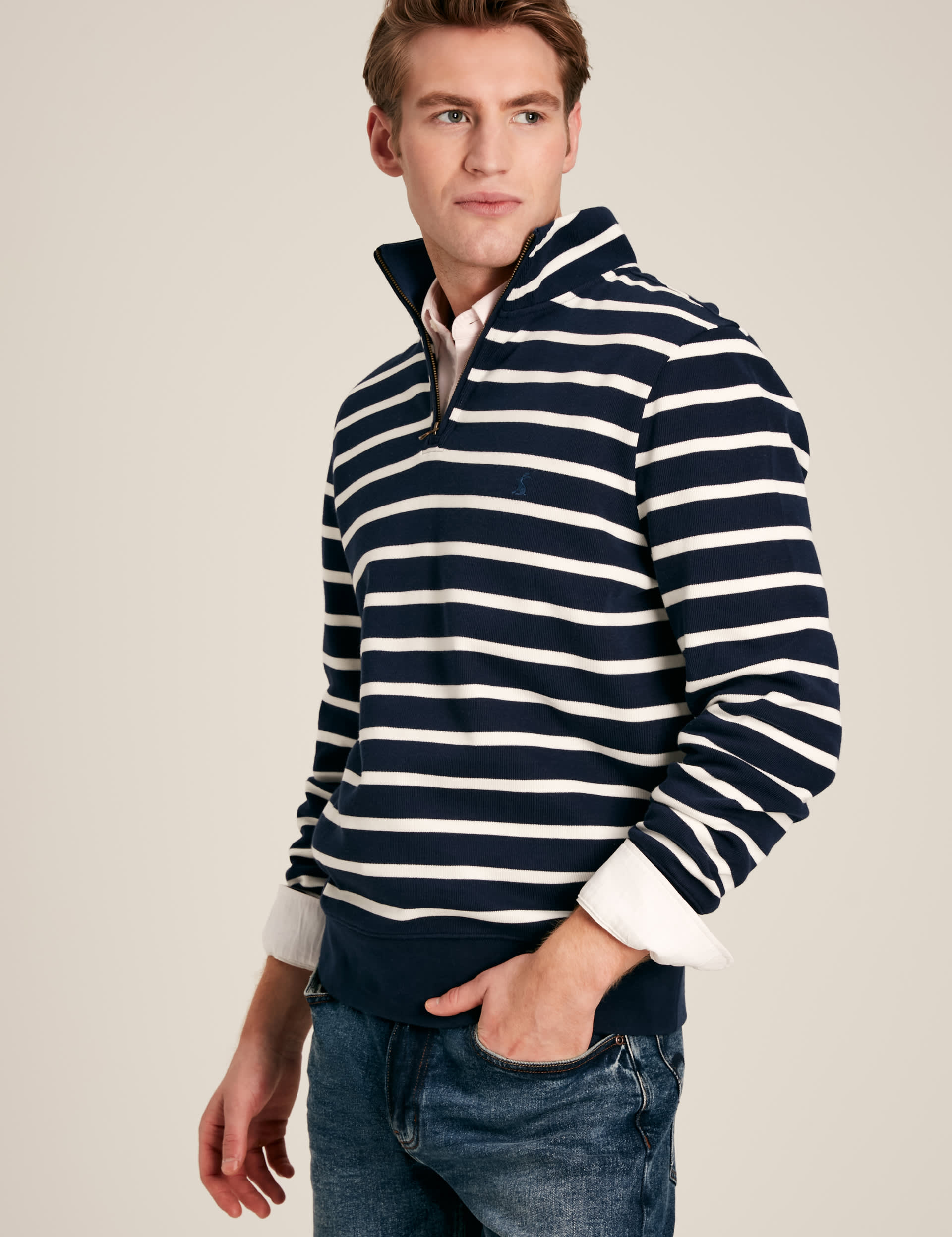 Joules Men's Pure Cotton Funnel Neck Half Zip Jumper - Navy Mix, Navy Mix,Blue,Green