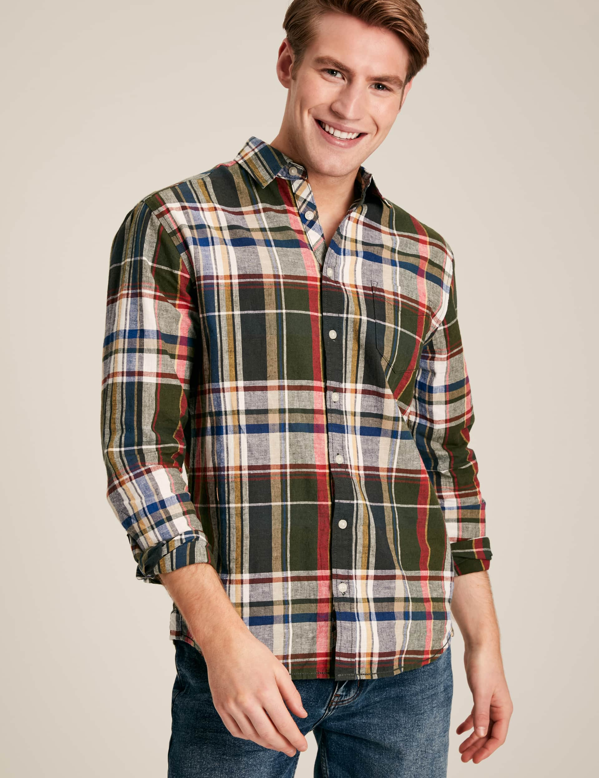 Joules Men's Pure Cotton Check Shirt - M - Green Mix, Green Mix